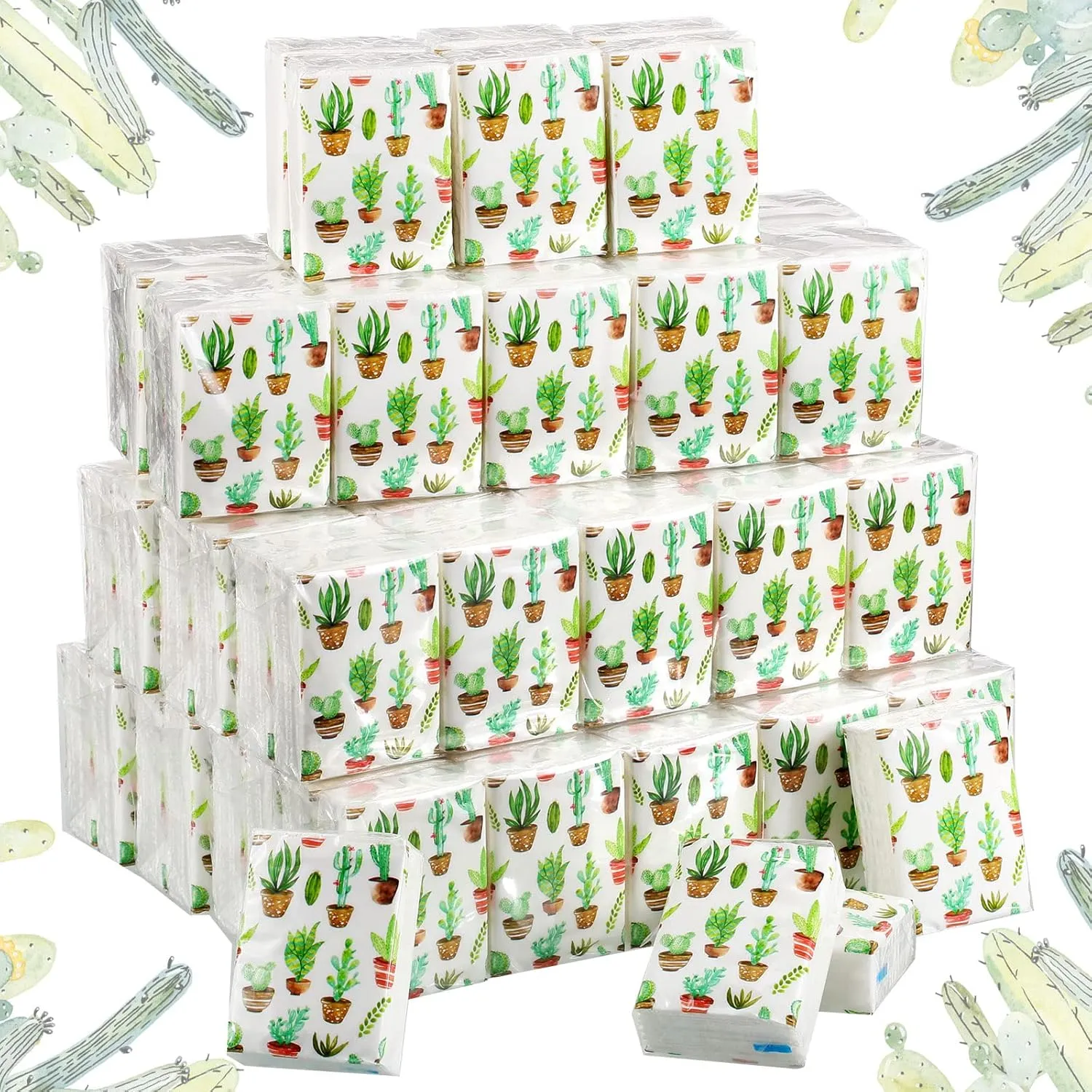 100 Pack Facial Tissue Mini Paper Pocket Tissues Small Size Travel Tissue Packs for Wedding Party Favors Graduation Celebration, 3 Ply, 2.8 x 2.2 In(Cactus)