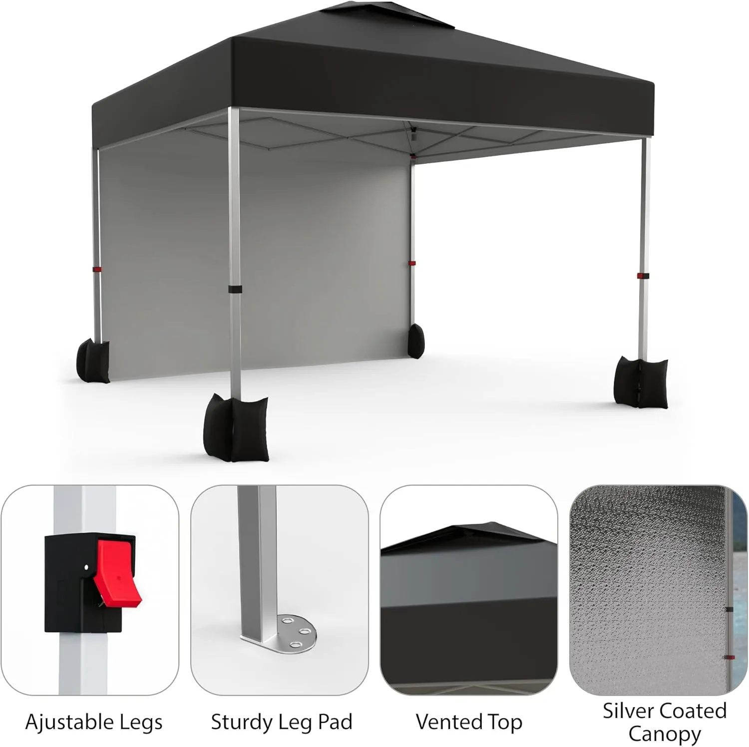 10x10 Pop Up Canopy Tent with 1 Side Wall, One Push Setup Instant Beach Shade Tent for Outdoor Events Camping, with Vented Roof, Wheeled Bag, Weight Bags, 4 Ropes, 8 Stakes, Black