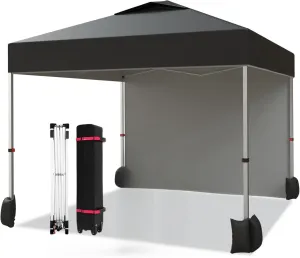 10x10 Pop Up Canopy Tent with 1 Side Wall, One Push Setup Instant Beach Shade Tent for Outdoor Events Camping, with Vented Roof, Wheeled Bag, Weight Bags, 4 Ropes, 8 Stakes, Black