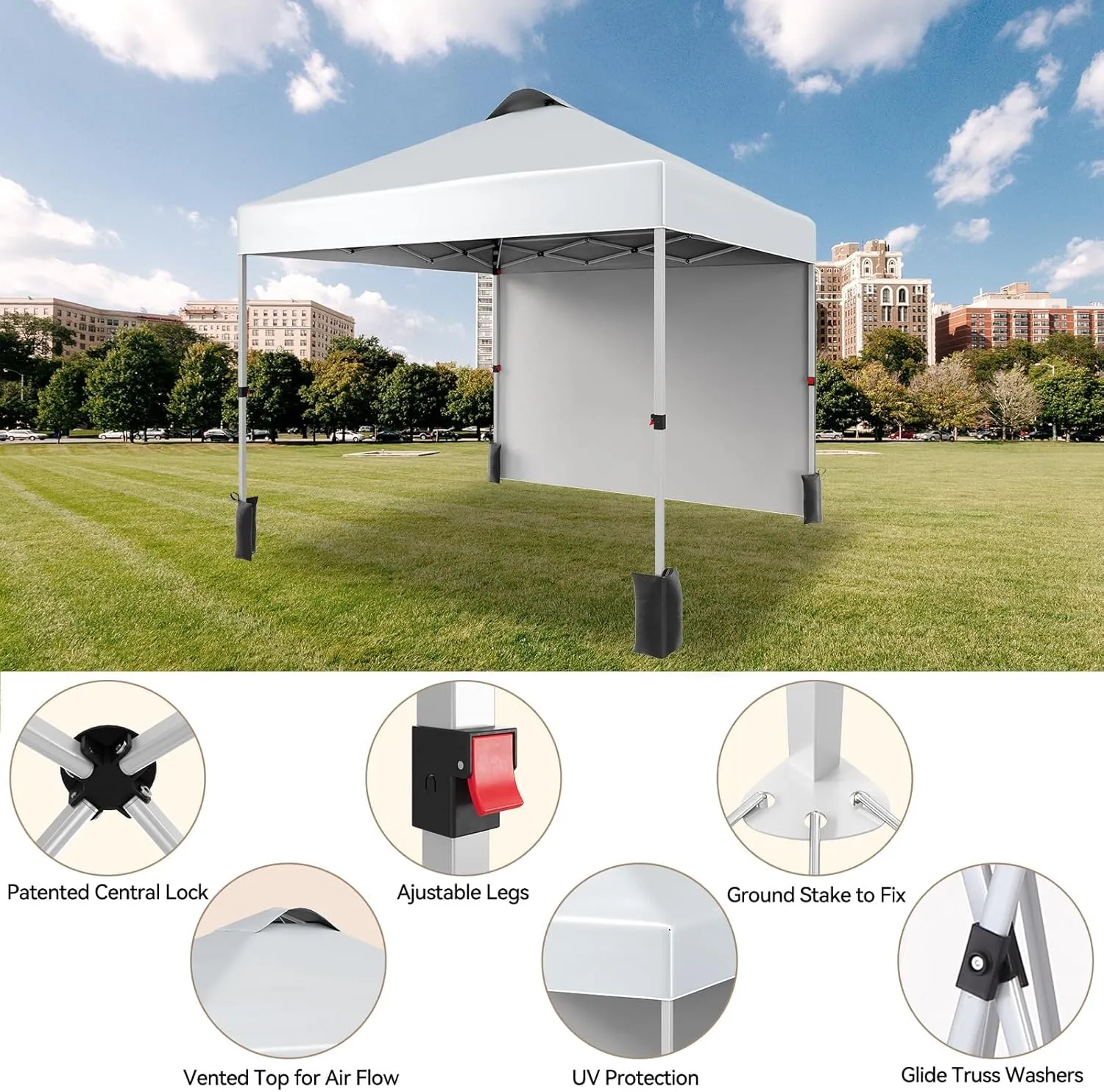 10x10 Pop Up Canopy Tent with Sidewall – Portable Instant Canopy Includes 4 Stakes, 4 Ropes, 4 Weight Bags & Wheeled Carry Bag for Outdoor Events