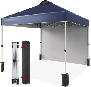 10x10 Pop-Up Canopy with 1 Side Wall,Outdoor Sun Shade for Events for，Features Wind Tunnel Design for Stabilit,Includes Wheeled Bag, 4 Canopy Sandbags, and 8 Tent Stakes,Navy Blue