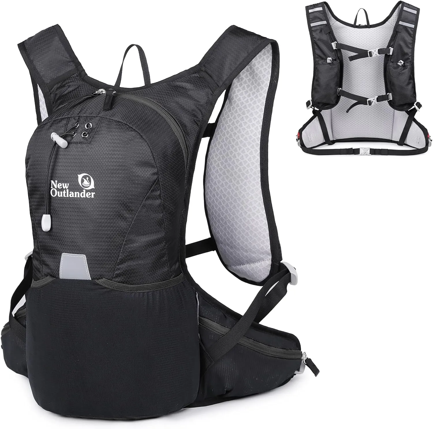 12L Small Hiking Daypack Men Women with Phone Pocket, Meshed Running Backpack with Adjustable Chest Strap, Waterproof Travel Backpack for Cycling Camping Sports, Black