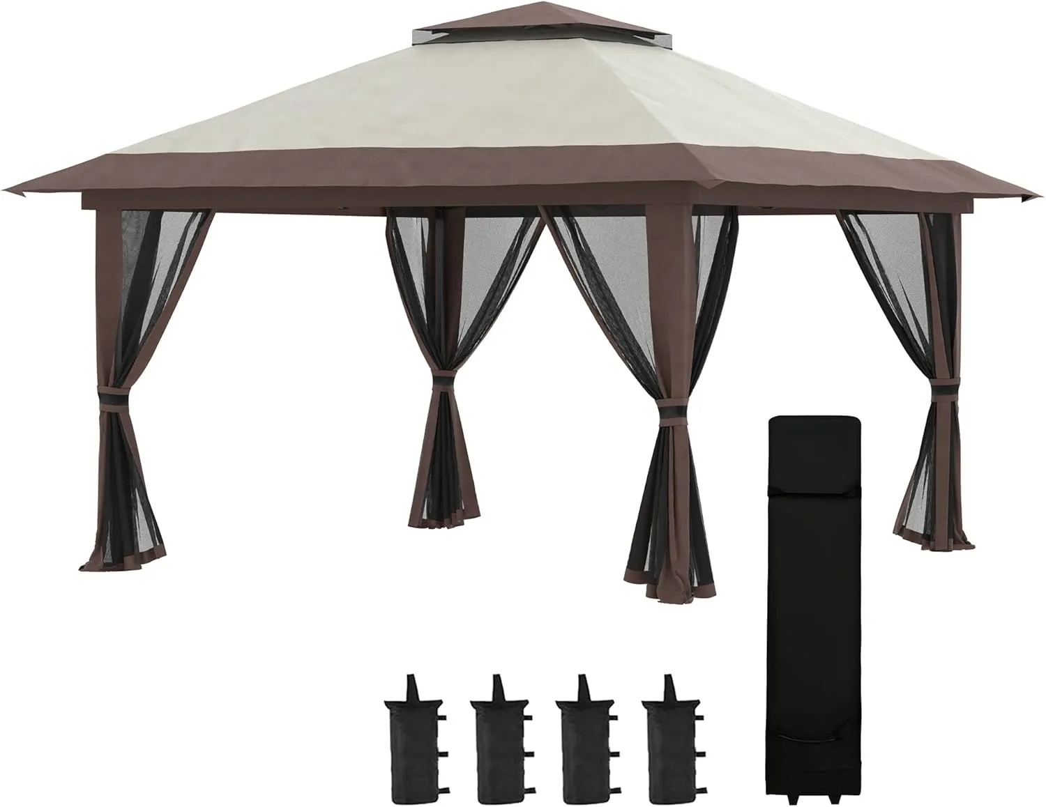 13' x 13' Pop Up Gazebo with Netting, Instant Canopy Tent Shelter with 2 Tier Roof, Wheeled Carry Bag, Water,Sand Bags for Outdoor, Garden, Parties, Beige