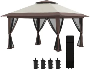 13' x 13' Pop Up Gazebo with Netting, Instant Canopy Tent Shelter with 2 Tier Roof, Wheeled Carry Bag, Water,Sand Bags for Outdoor, Garden, Parties, Beige