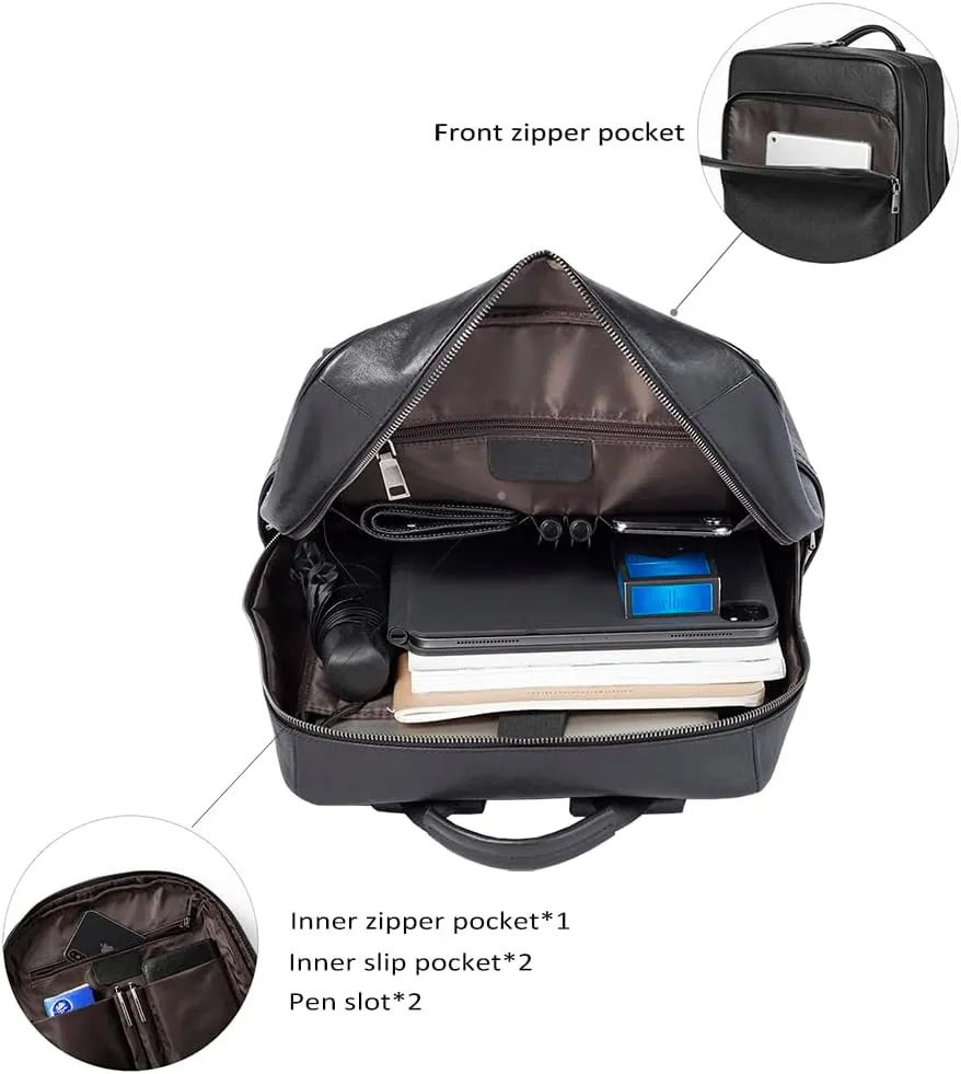 15.6 Inch Genuine Leather Laptop Backpack for Men Women, Business Travel Backpack Hiking Rucksack Daypack (1#Black)