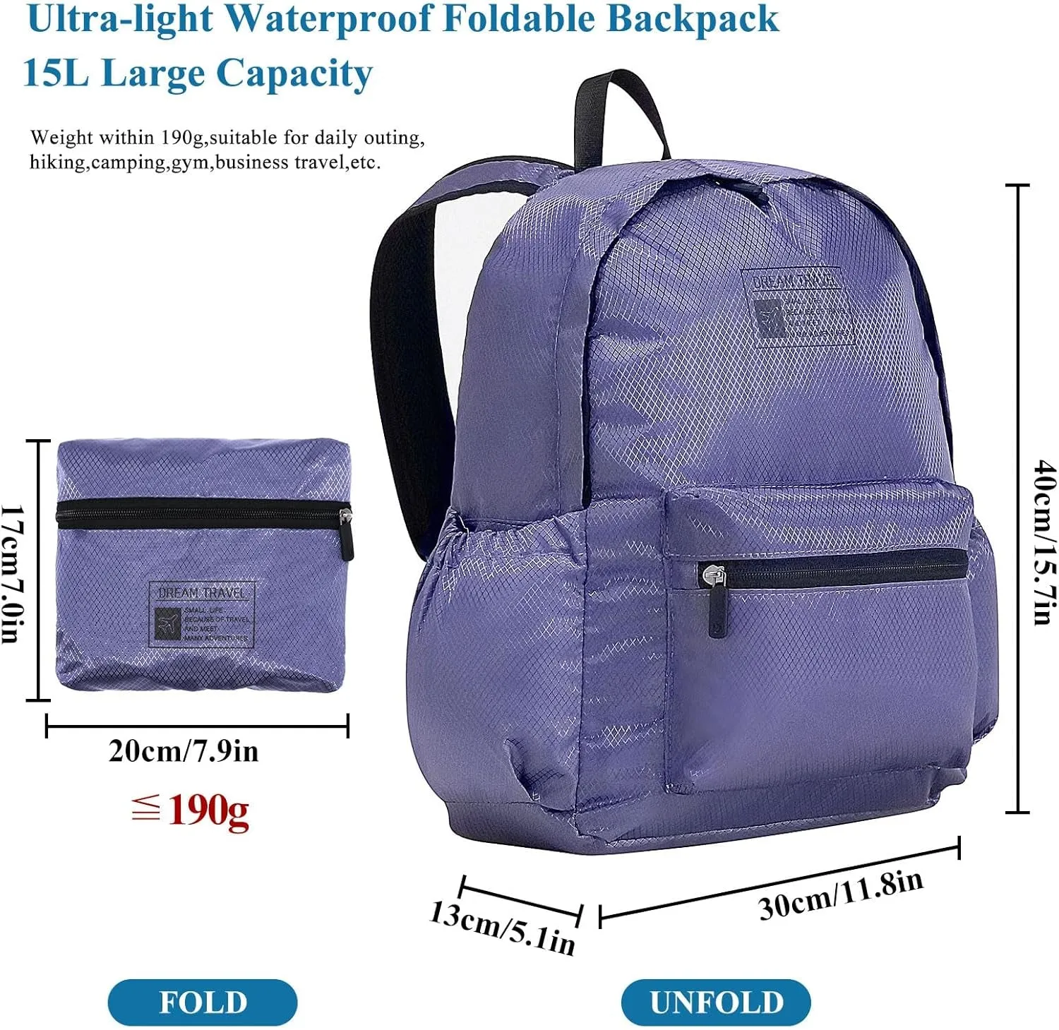 15L Packable Lightweight Backpack for Women Men Water Resistant Foldable Hiking Travel Camping Daypack (Purple)