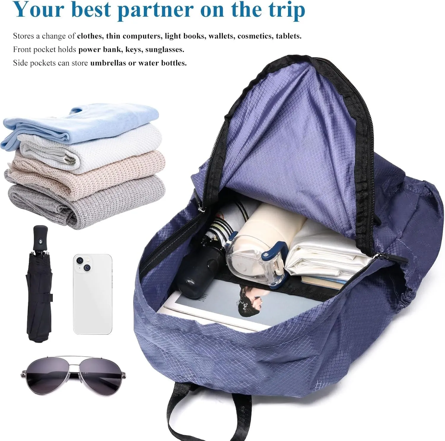 15L Packable Lightweight Backpack for Women Men Water Resistant Foldable Hiking Travel Camping Daypack (Purple)