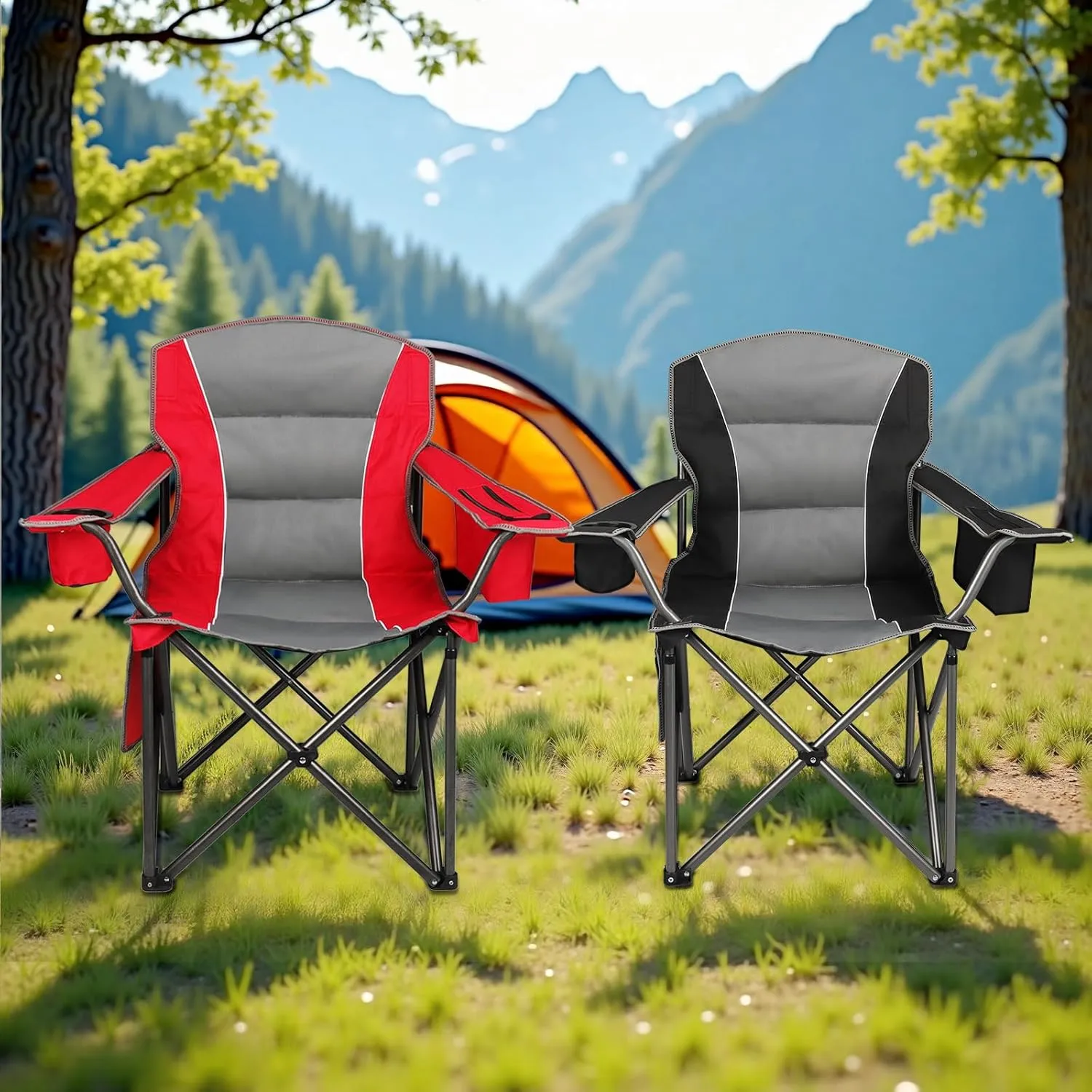 2 Pack Oversized Folding Camping Chairs for Adults, Heavy Duty Lawn Chairs with Cup Holder Storage and Cooler Bag, 450 LBS Weight Capacity, Padded Collapsible Chairs for Outdoor, Garden & Beach
