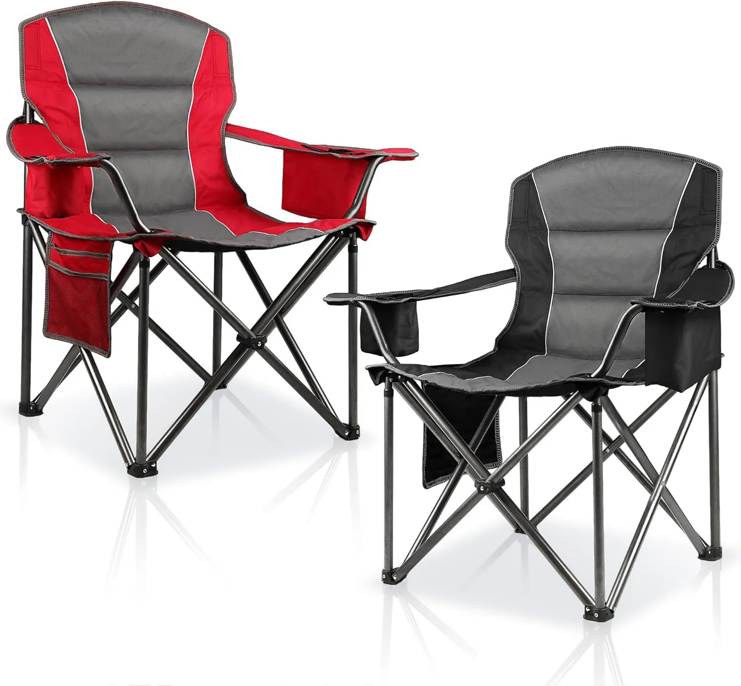 2 Pack Oversized Folding Camping Chairs for Adults, Heavy Duty Lawn Chairs with Cup Holder Storage and Cooler Bag, 450 LBS Weight Capacity, Padded Collapsible Chairs for Outdoor, Garden & Beach