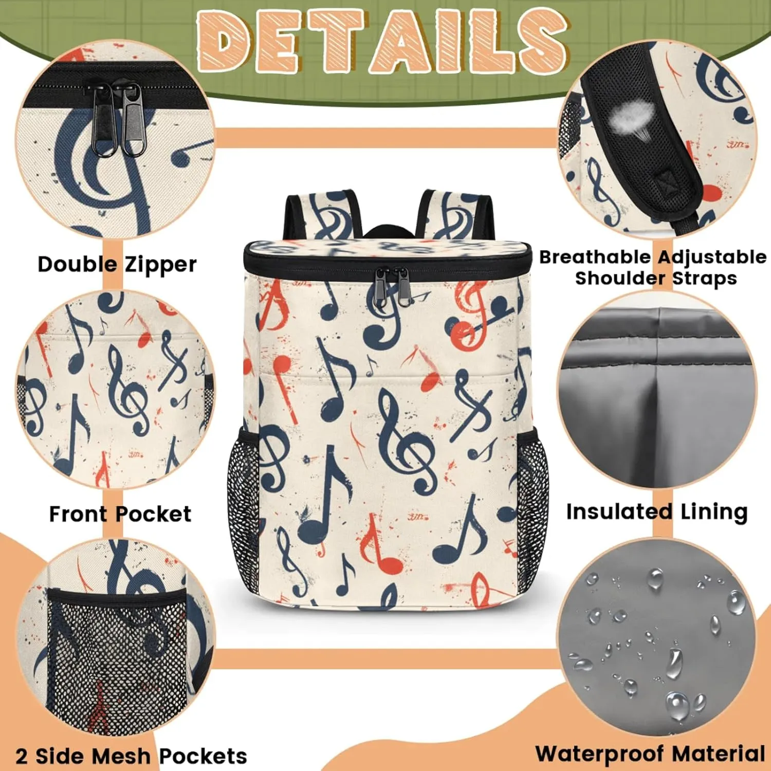 20-Hour Insulated Backpack Cooler Colorful Boho Style Leakproof Cooler Bag Portable Cooler Backpack