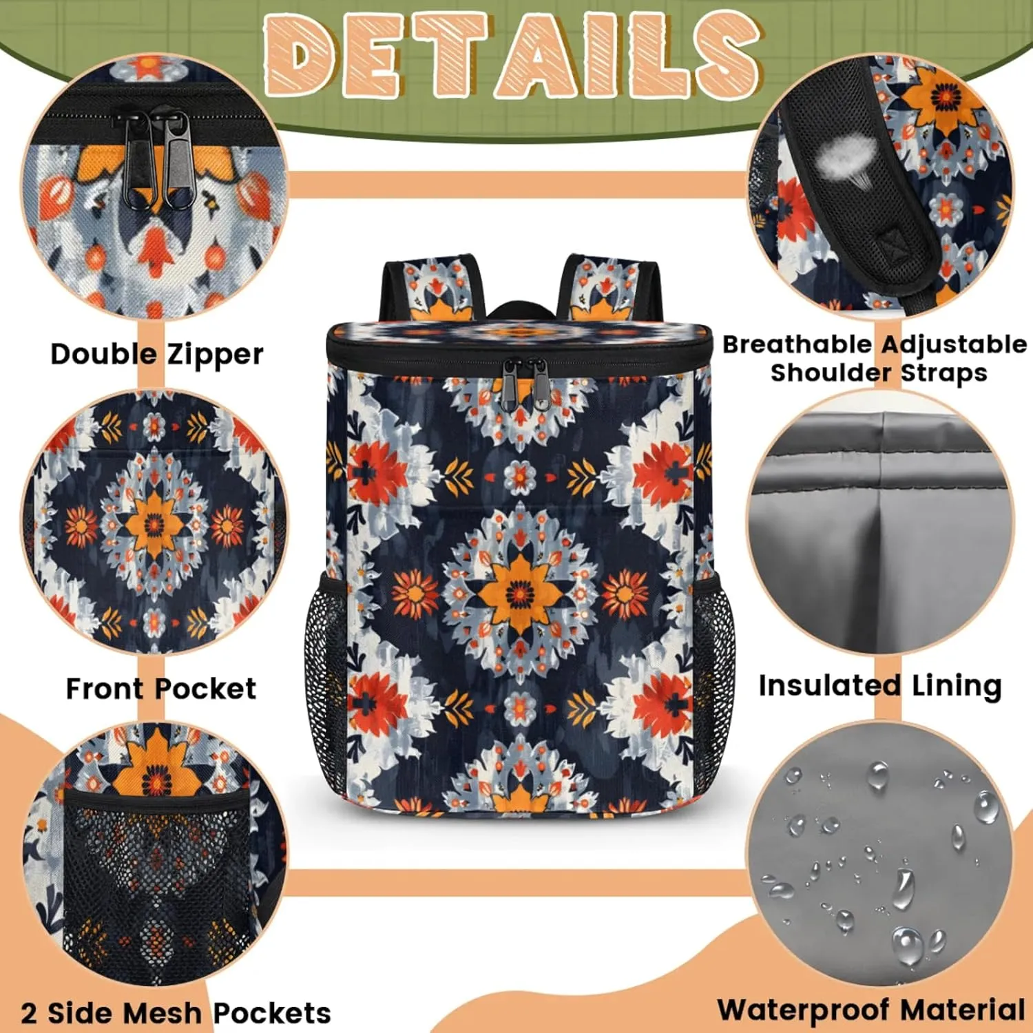 20-Hour Insulated Backpack Cooler Music Notes Watercolor Leakproof Cooler Bag Portable Cooler Backpack