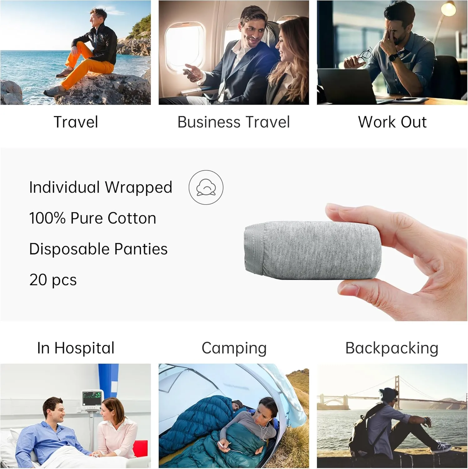 20 Packs Mens Cotton Disposable Underwear Panties Portable Briefs for Travel Fitness Hotel Spa Hospital Mid Waist