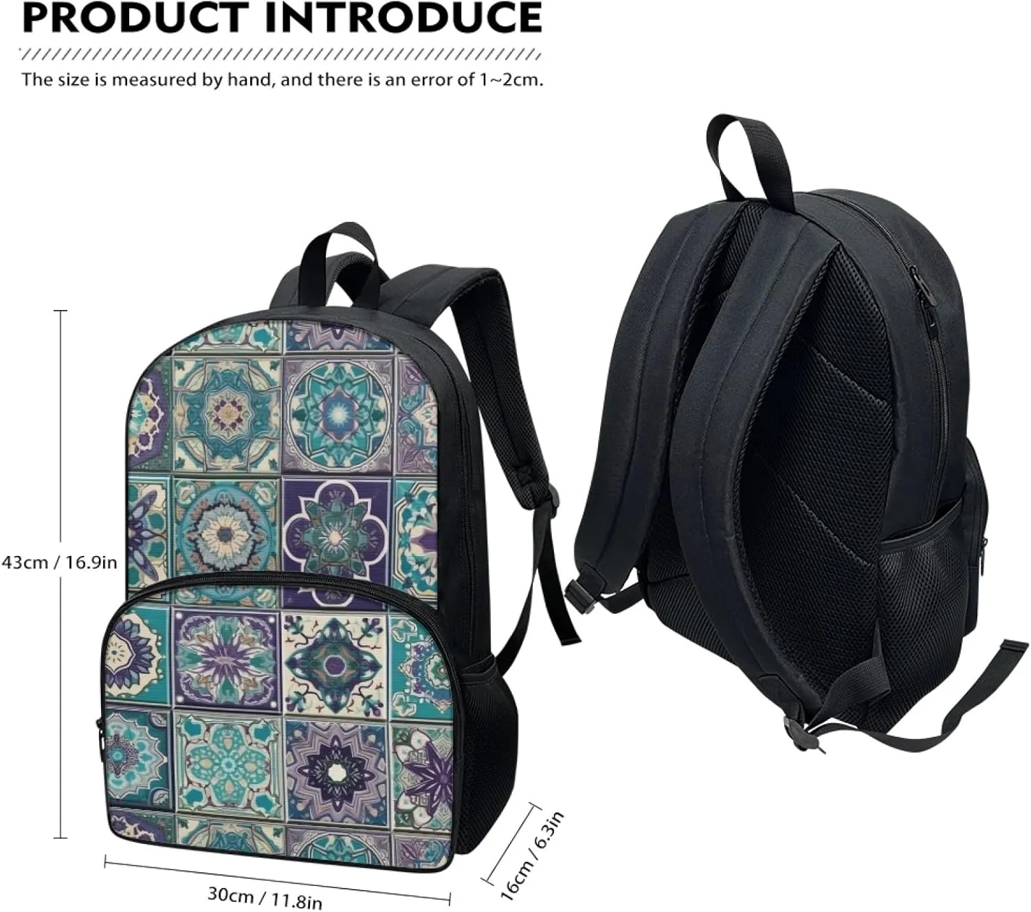 2023 Moroccan Ceramic Tiles Backpack Boys Girls School Mandala Turquoise Purple Abstract Rucksack Middle High Schoolbag Double Zipper Rucksack Teens Hiking Sports