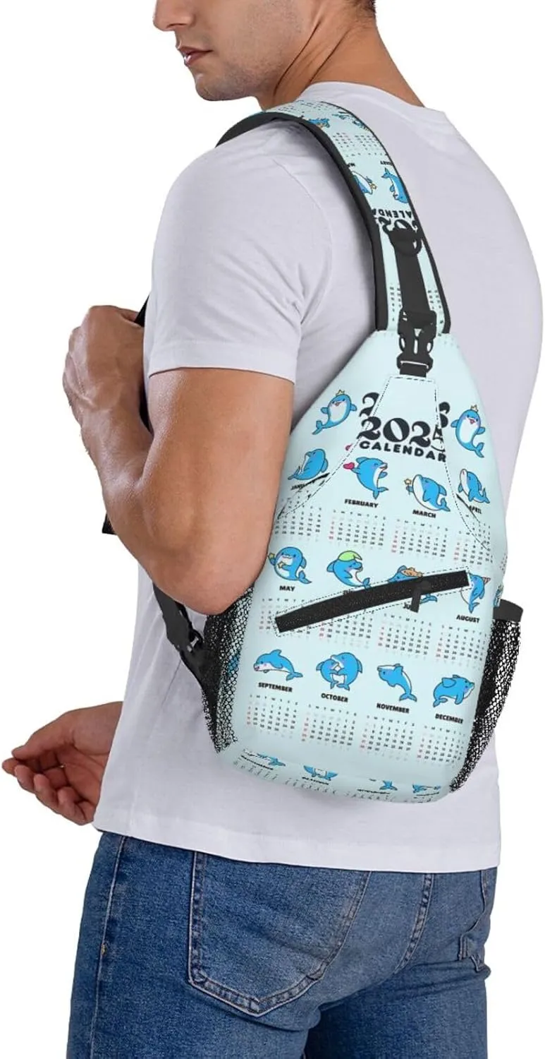 2025 Yearly Calendar Dolphin Crossbody Bag Cross Chest Bag Adjustable Sling Backpack Sports Gym Shoulder Bags Travel Cycling Daypack Diagonally Casual Rucksack