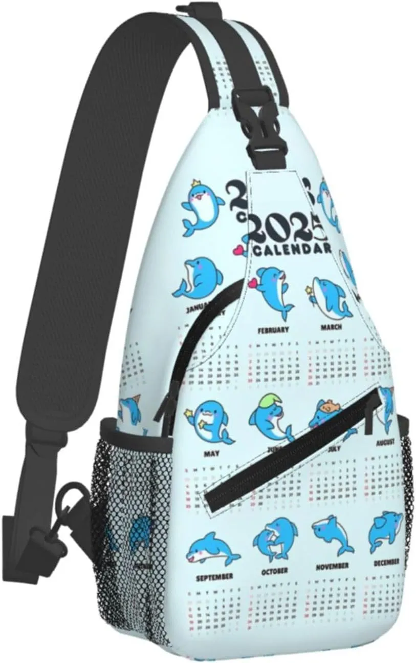 2025 Yearly Calendar Dolphin Crossbody Bag Cross Chest Bag Adjustable Sling Backpack Sports Gym Shoulder Bags Travel Cycling Daypack Diagonally Casual Rucksack