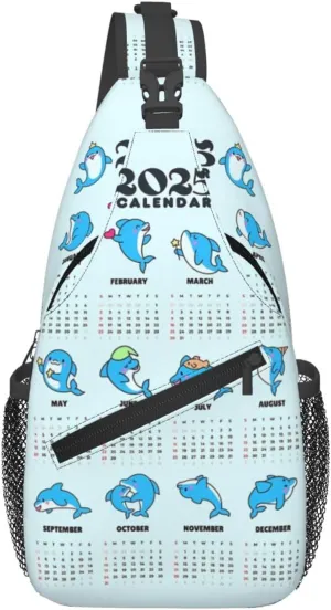 2025 Yearly Calendar Dolphin Crossbody Bag Cross Chest Bag Adjustable Sling Backpack Sports Gym Shoulder Bags Travel Cycling Daypack Diagonally Casual Rucksack