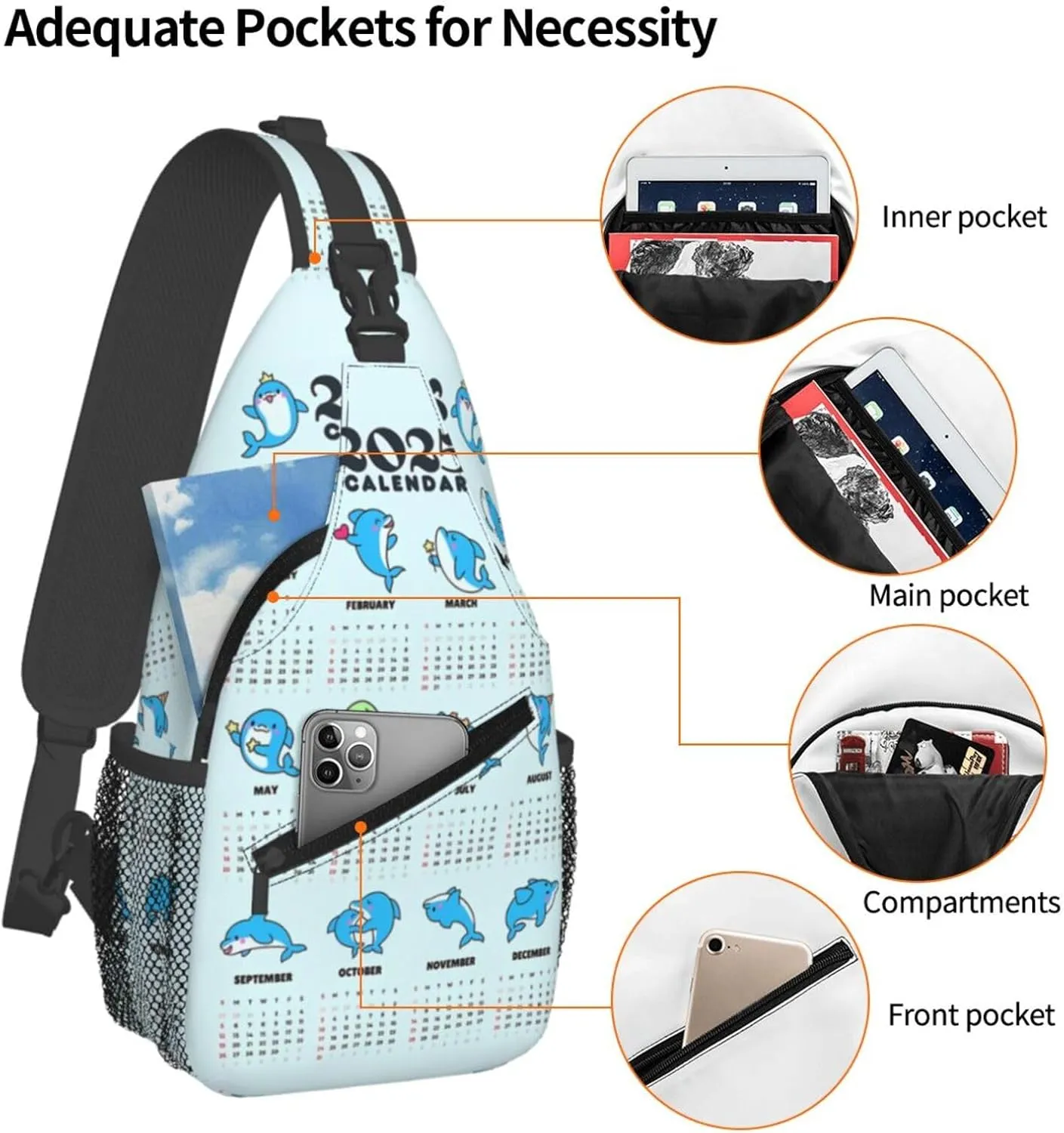2025 Yearly Calendar Dolphin Crossbody Bag Cross Chest Bag Adjustable Sling Backpack Sports Gym Shoulder Bags Travel Cycling Daypack Diagonally Casual Rucksack