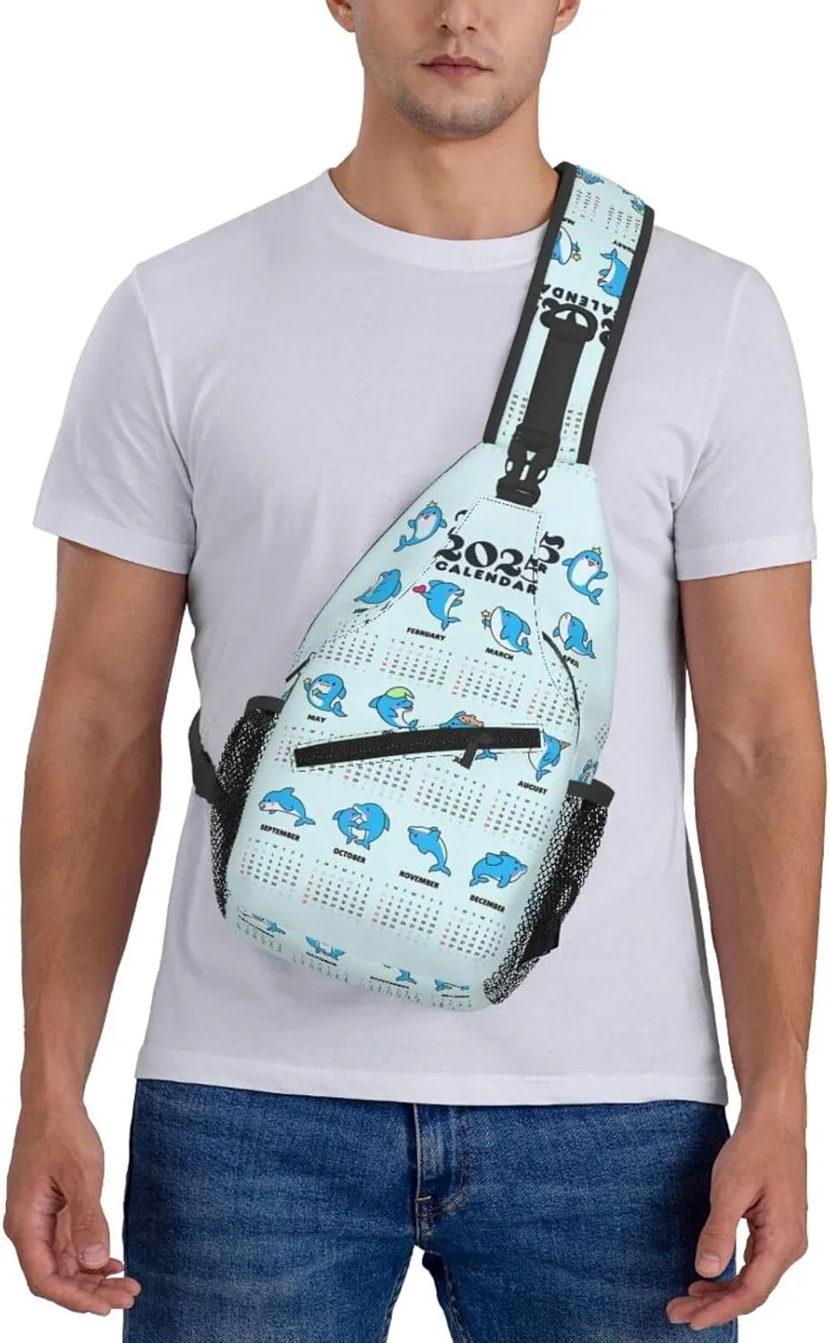 2025 Yearly Calendar Dolphin Crossbody Bag Cross Chest Bag Adjustable Sling Backpack Sports Gym Shoulder Bags Travel Cycling Daypack Diagonally Casual Rucksack