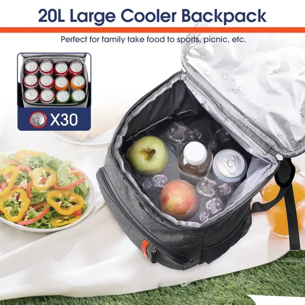 24 Can Backpack Cooler, Soft Sided Cooler Backpack, Insulated Leak Proof Waterproof Thermal Bag, Portable Lightweight Lunch Backpack for Travel Camping Office, Gray