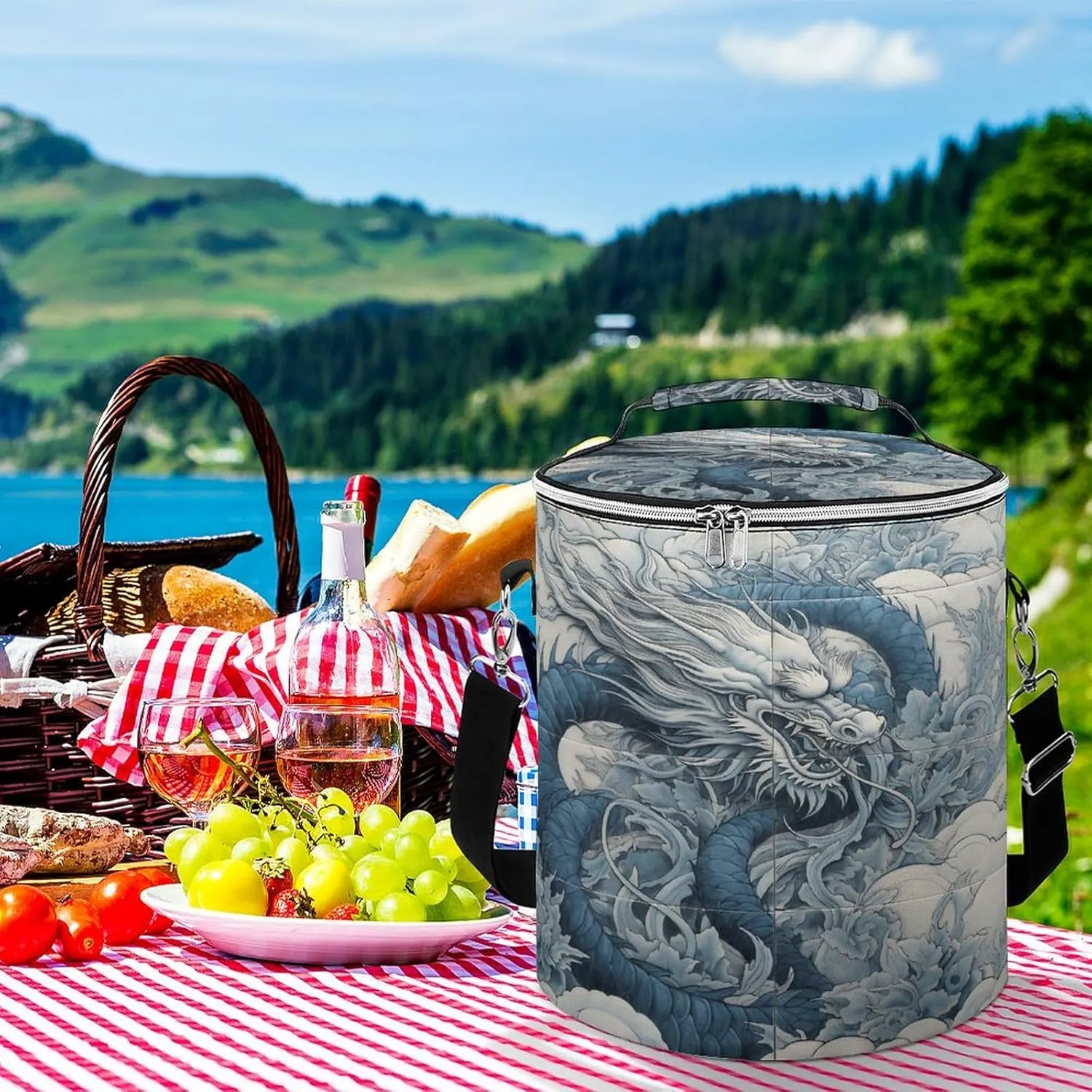 24 Cans Collapsible Soft Cooler Bag,Dragon Pattern Large Leakproof Camping Cooler,Portable Travel Cooler for Picnic, Camping, Beach, Trip