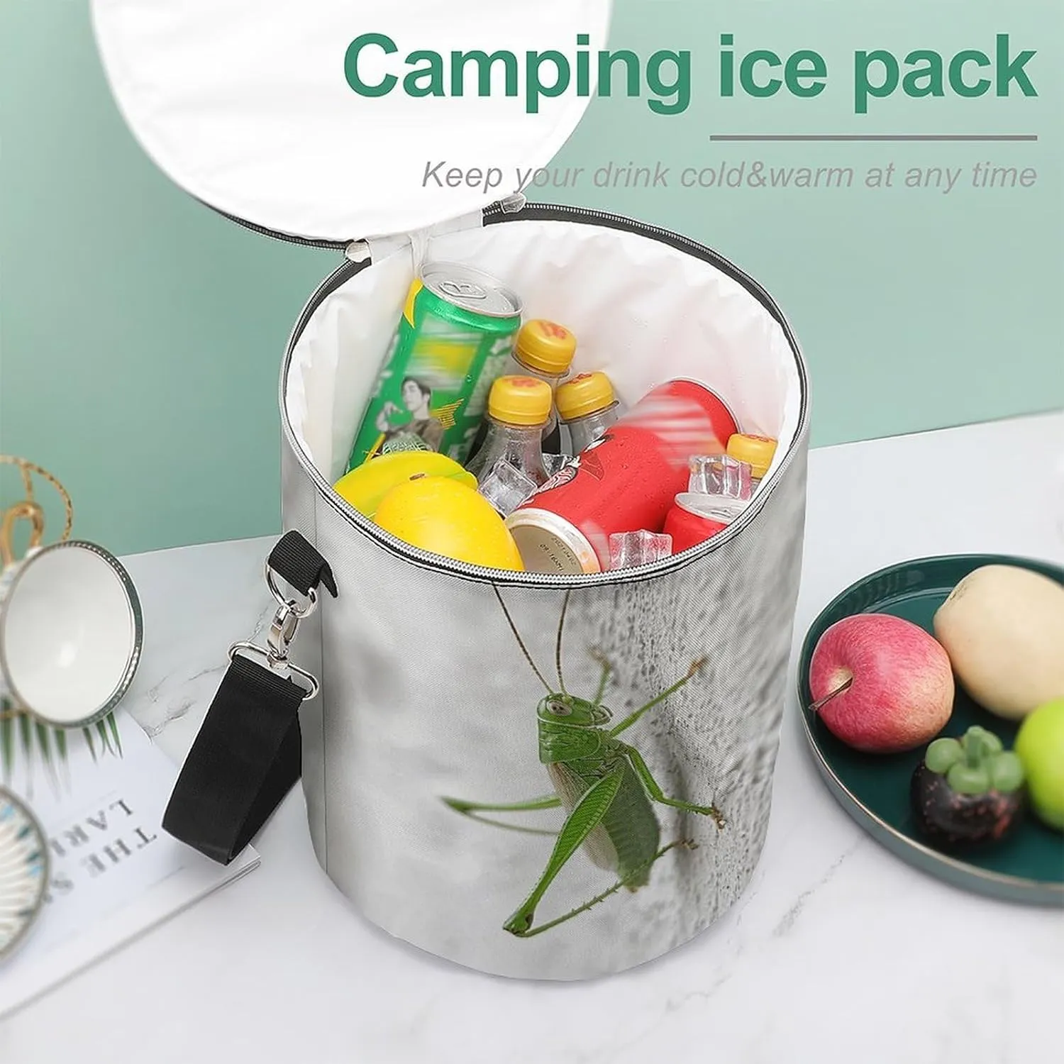 24 Cans Collapsible Soft Cooler Bag,Green Grasshopper Image Large Leakproof Camping Cooler,Portable Travel Cooler for Picnic, Camping, Beach, Trip