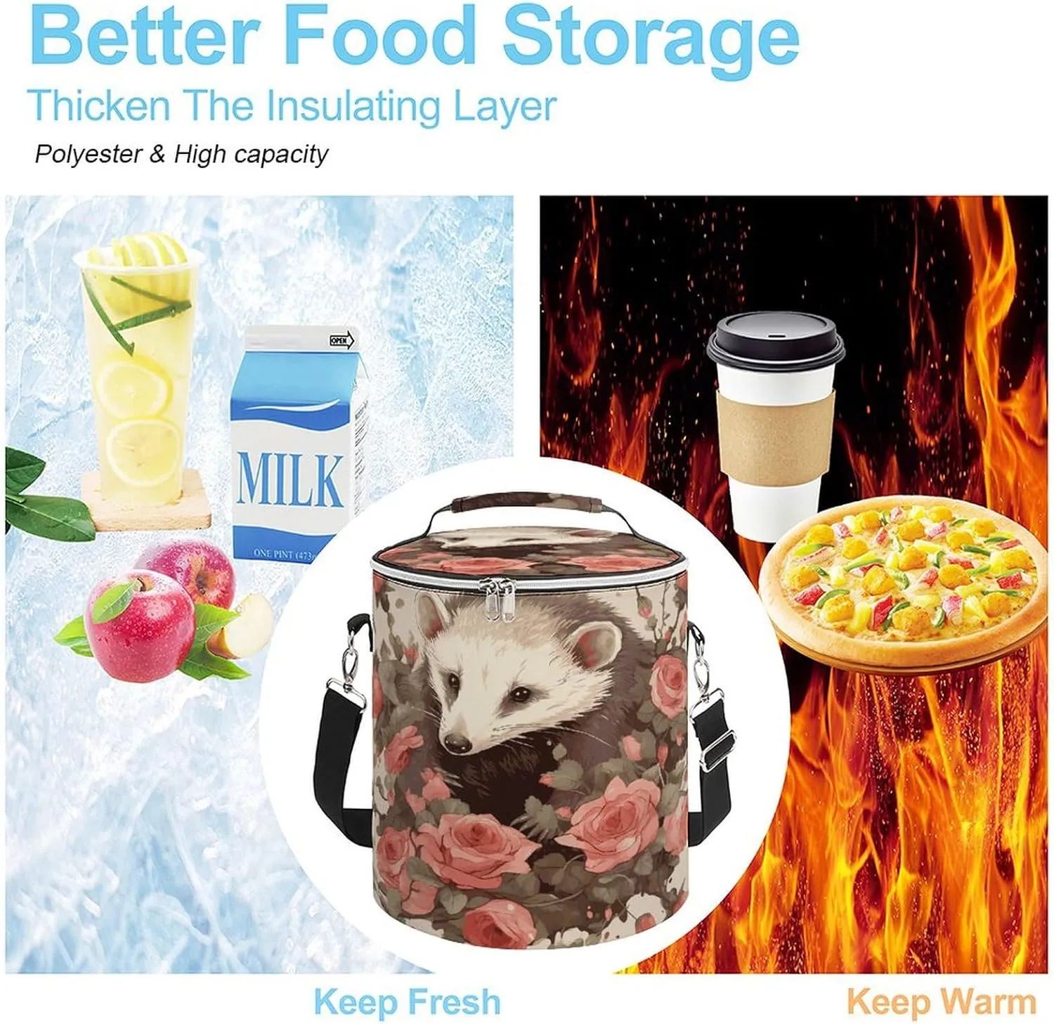 24 Cans Collapsible Soft Cooler Bag,Opossum And Roses Large Leakproof Camping Cooler,Portable Travel Cooler for Picnic, Camping, Beach, Trip