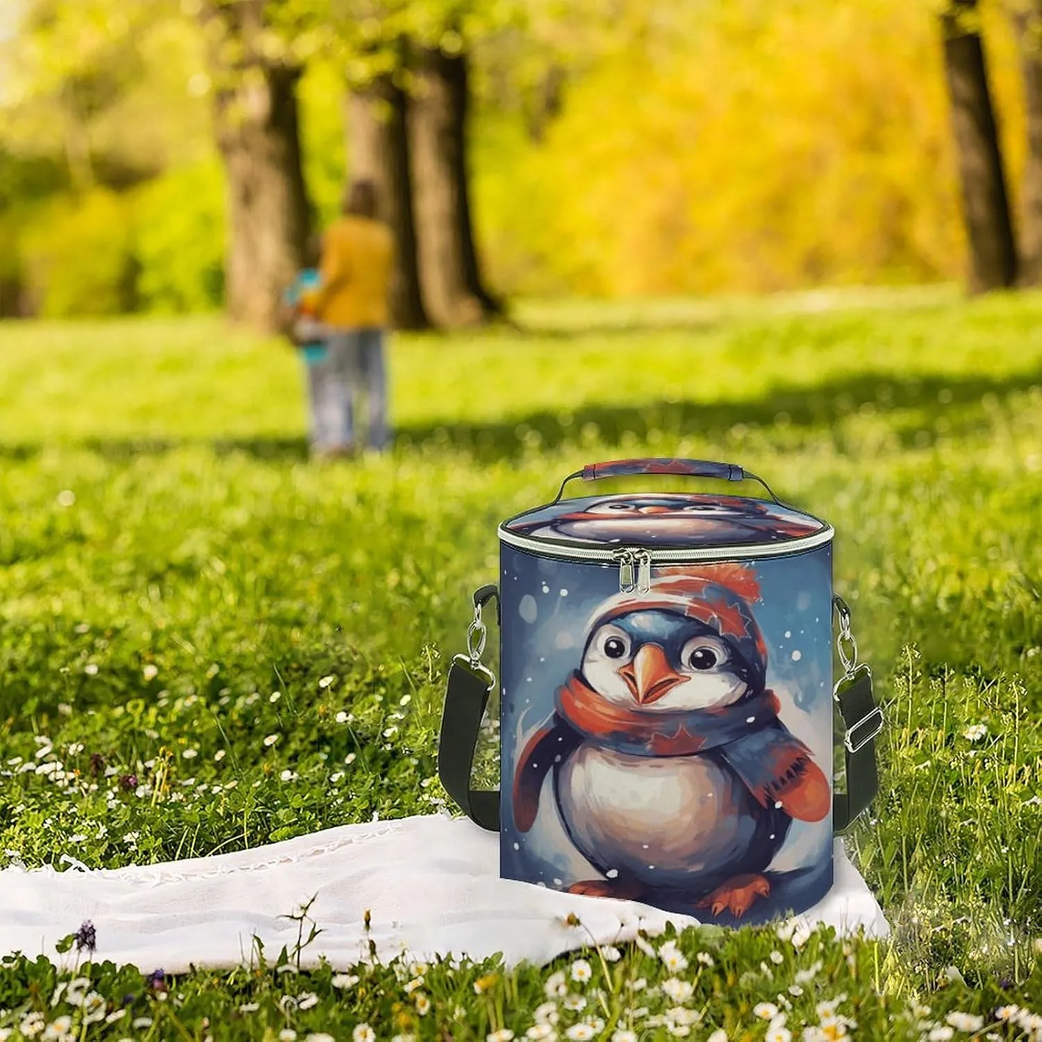 24 Cans Collapsible Soft Cooler Bag,Penguin Wearing Scarf Large Leakproof Camping Cooler,Portable Travel Cooler for Picnic, Camping, Beach, Trip