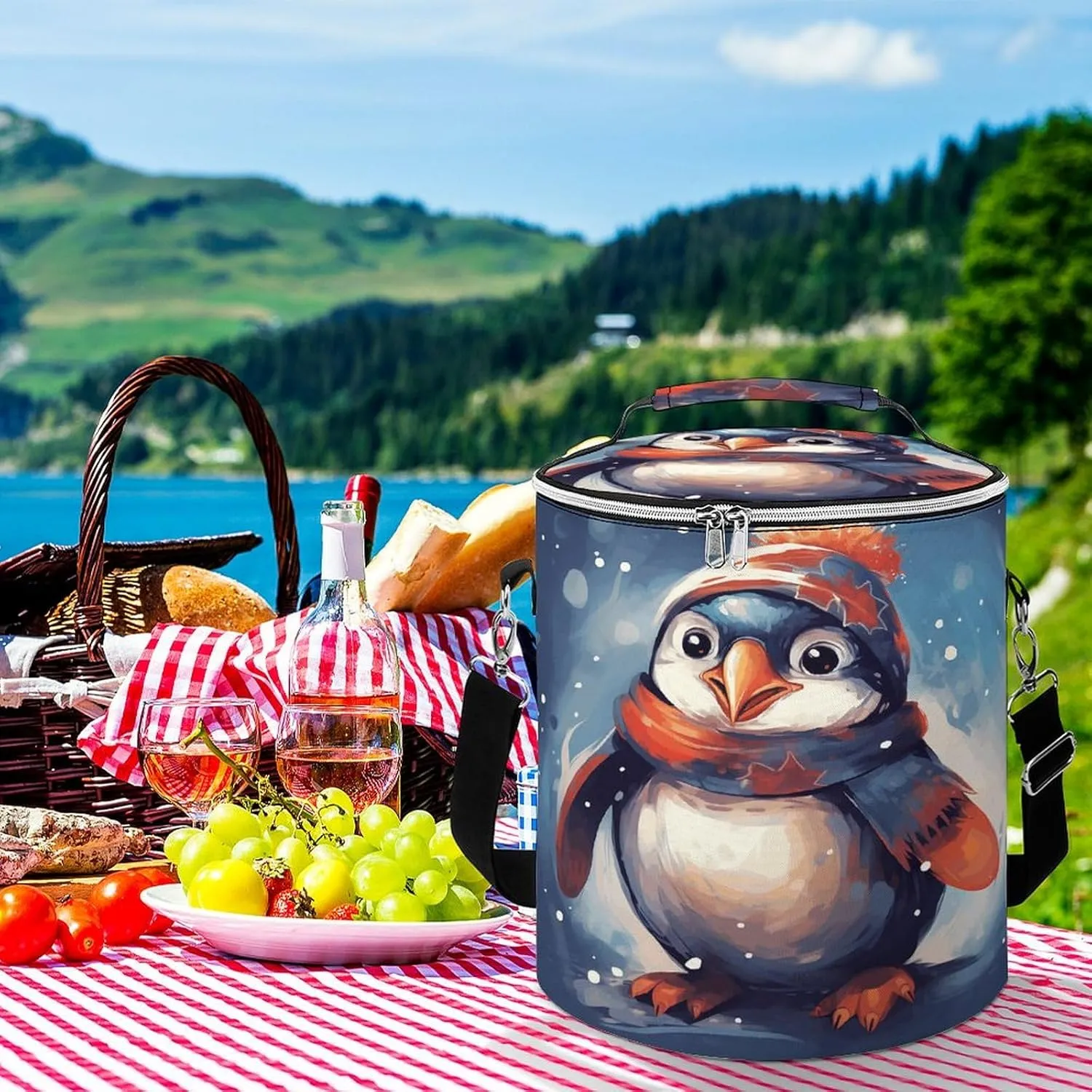 24 Cans Collapsible Soft Cooler Bag,Penguin Wearing Scarf Large Leakproof Camping Cooler,Portable Travel Cooler for Picnic, Camping, Beach, Trip