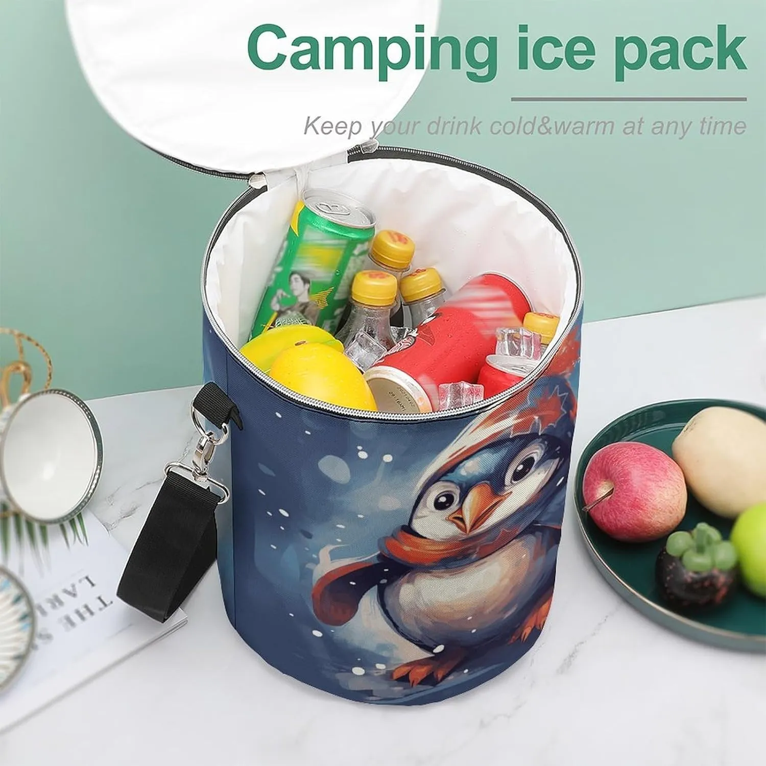 24 Cans Collapsible Soft Cooler Bag,Penguin Wearing Scarf Large Leakproof Camping Cooler,Portable Travel Cooler for Picnic, Camping, Beach, Trip