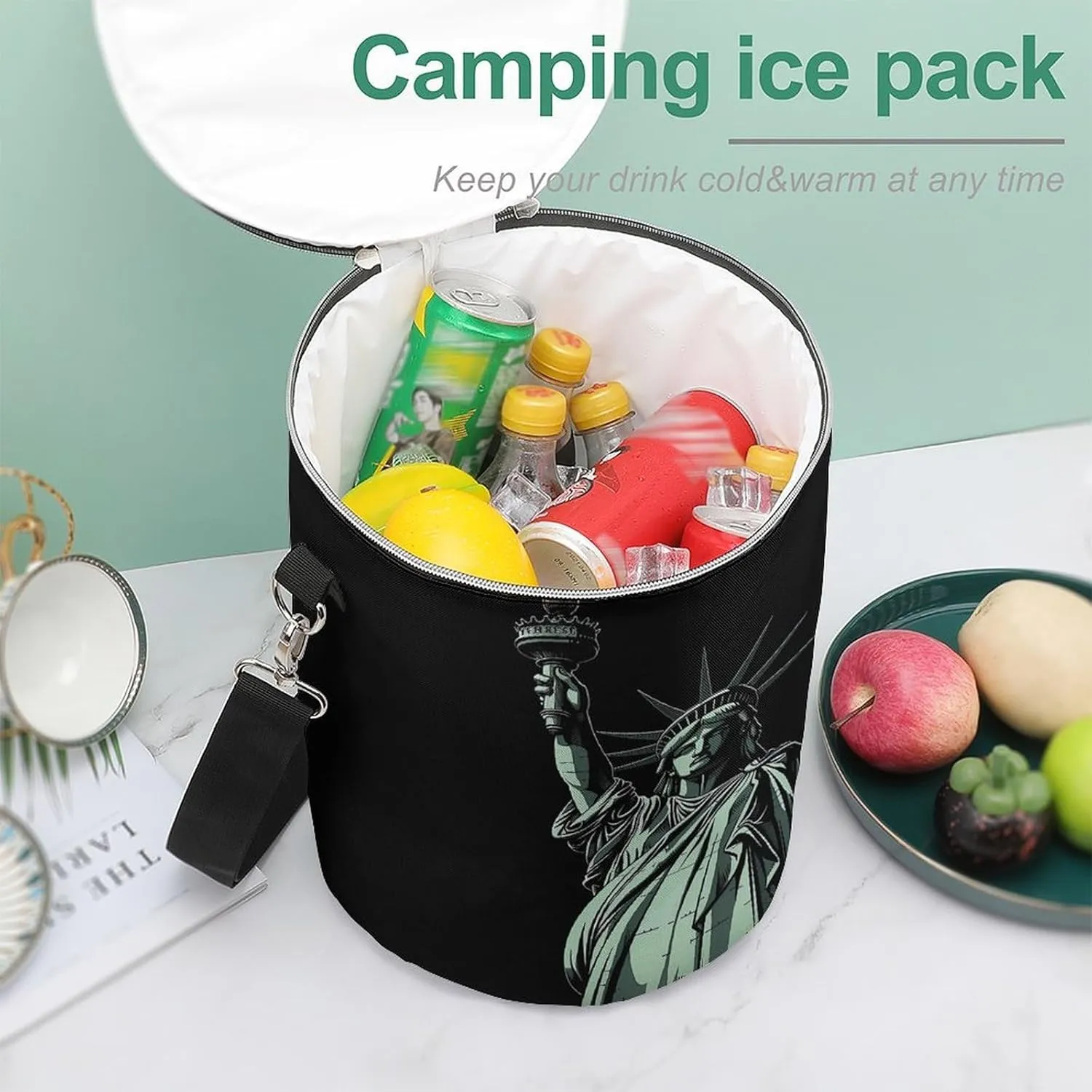 24 Cans Collapsible Soft Cooler Bag,Statue of Liberty Pattern Large Leakproof Camping Cooler,Portable Travel Cooler for Picnic, Camping, Beach, Trip