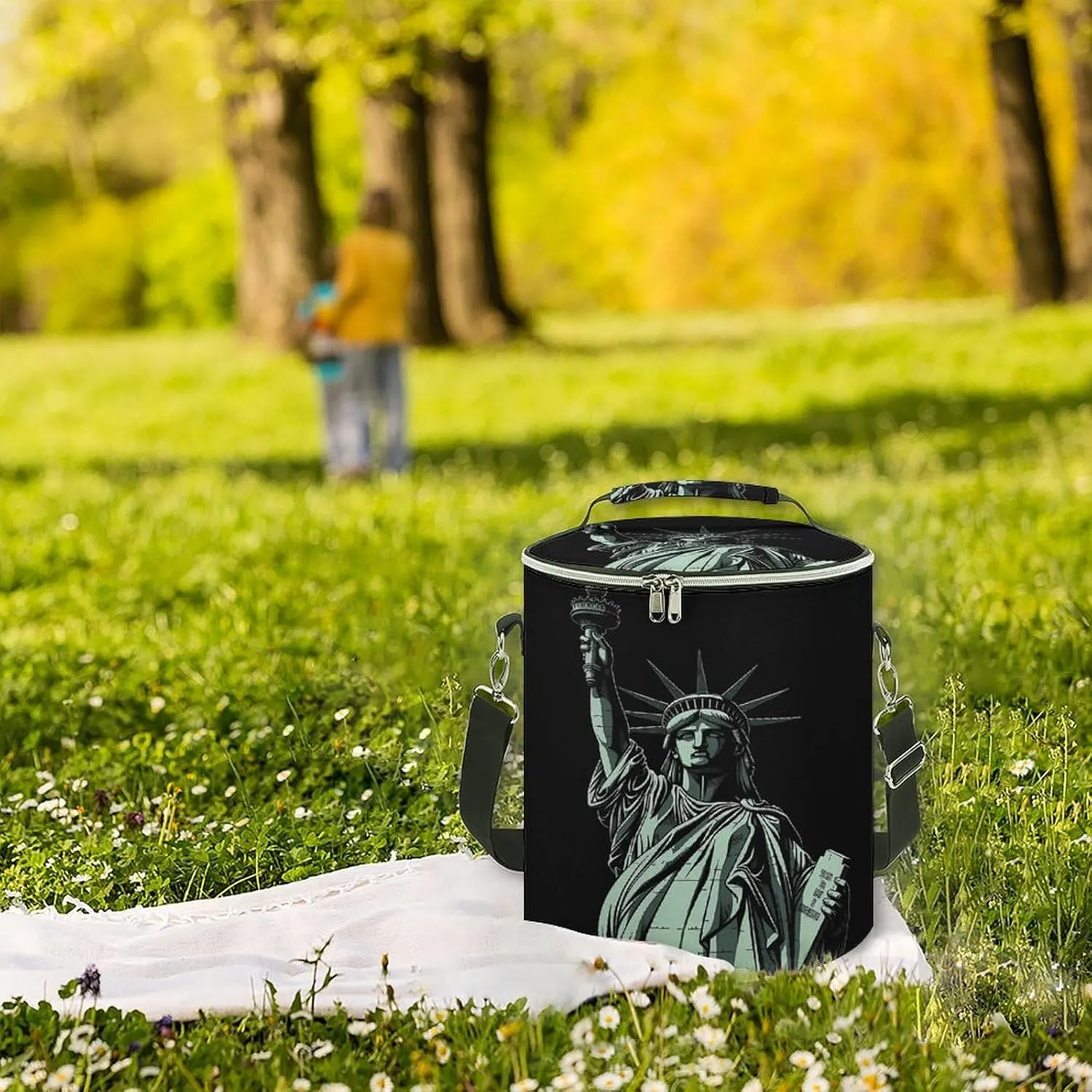 24 Cans Collapsible Soft Cooler Bag,Statue of Liberty Pattern Large Leakproof Camping Cooler,Portable Travel Cooler for Picnic, Camping, Beach, Trip