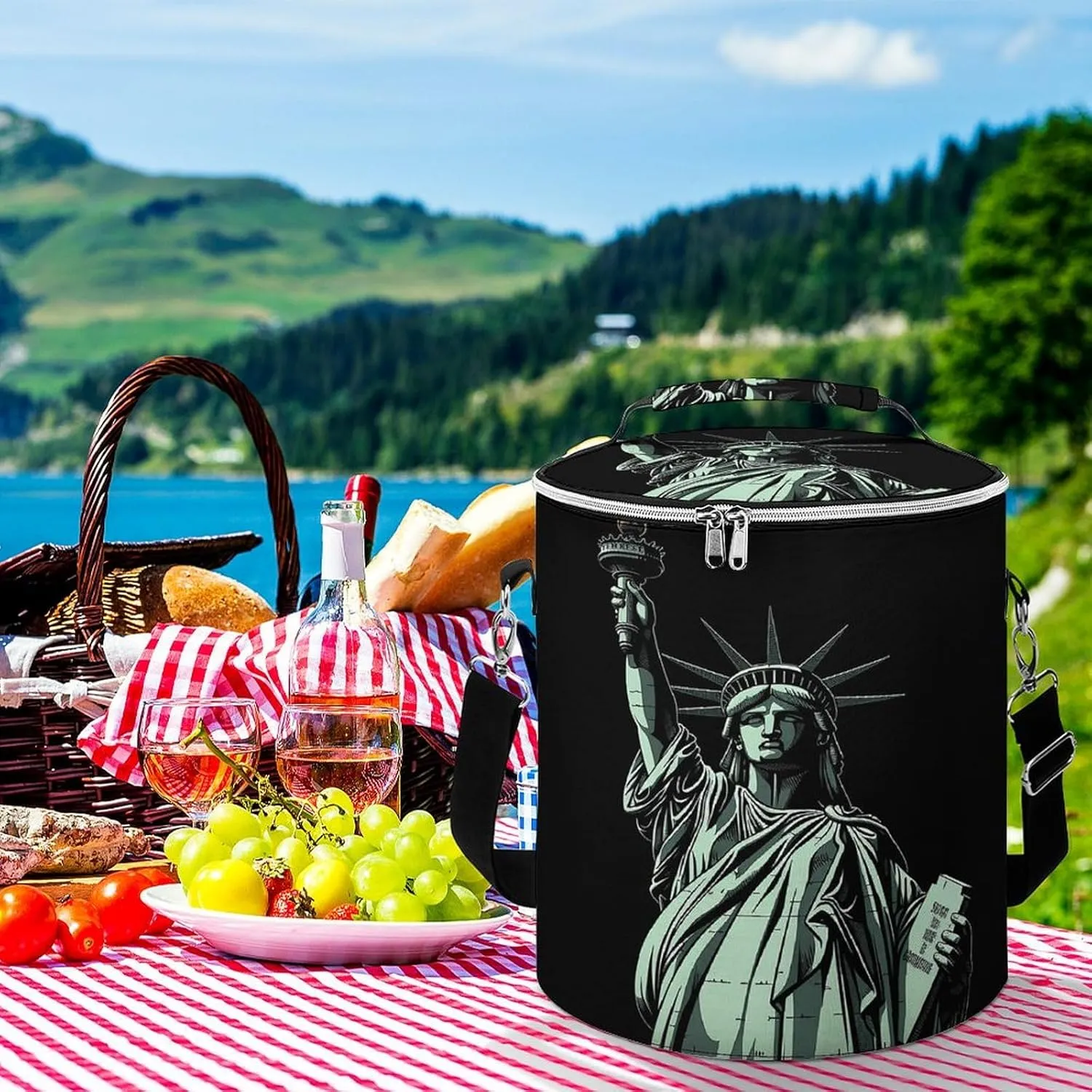 24 Cans Collapsible Soft Cooler Bag,Statue of Liberty Pattern Large Leakproof Camping Cooler,Portable Travel Cooler for Picnic, Camping, Beach, Trip