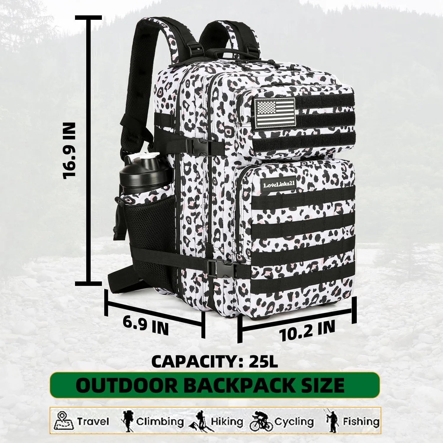 25L Tactical Backpack Military Tactical Backpack for Men and Women Small Assault Pack Outdoor Travel Hiking Camping Rucksack with Molle Webbing (White Leopard)