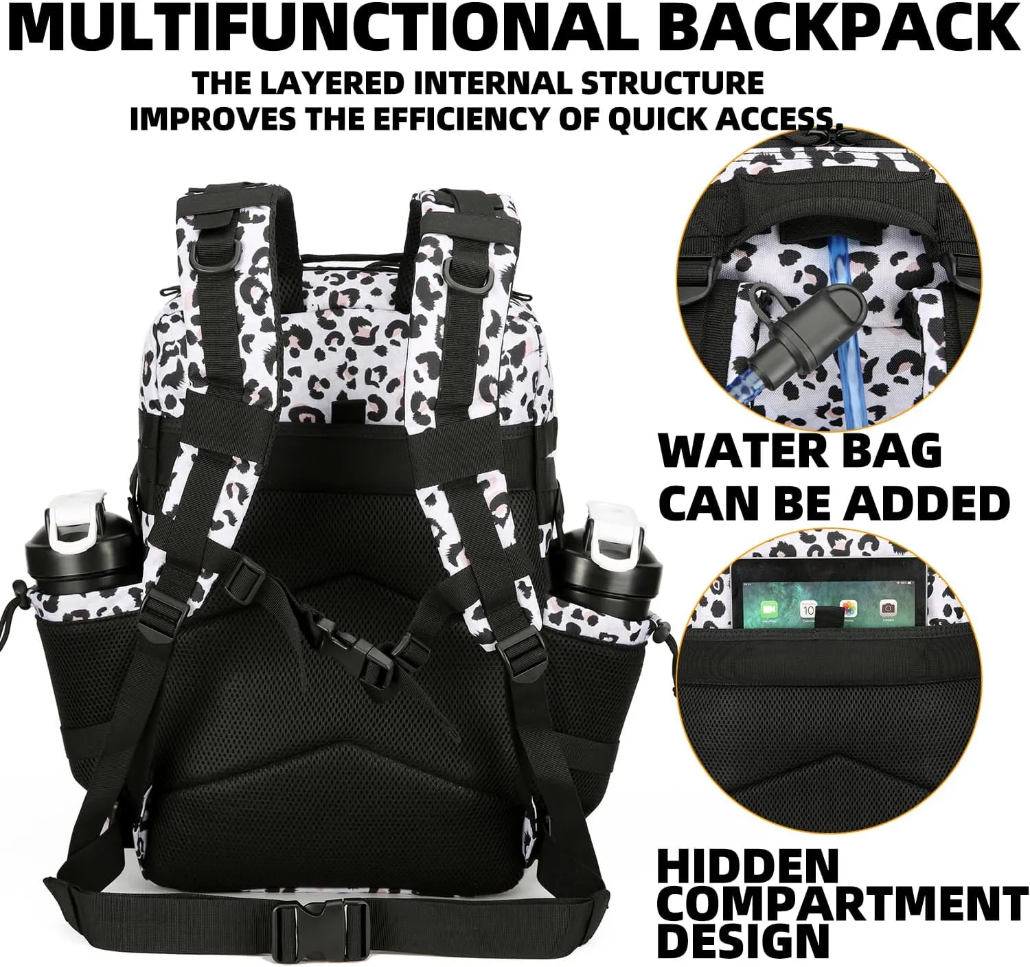 25L Tactical Backpack Military Tactical Backpack for Men and Women Small Assault Pack Outdoor Travel Hiking Camping Rucksack with Molle Webbing (White Leopard)