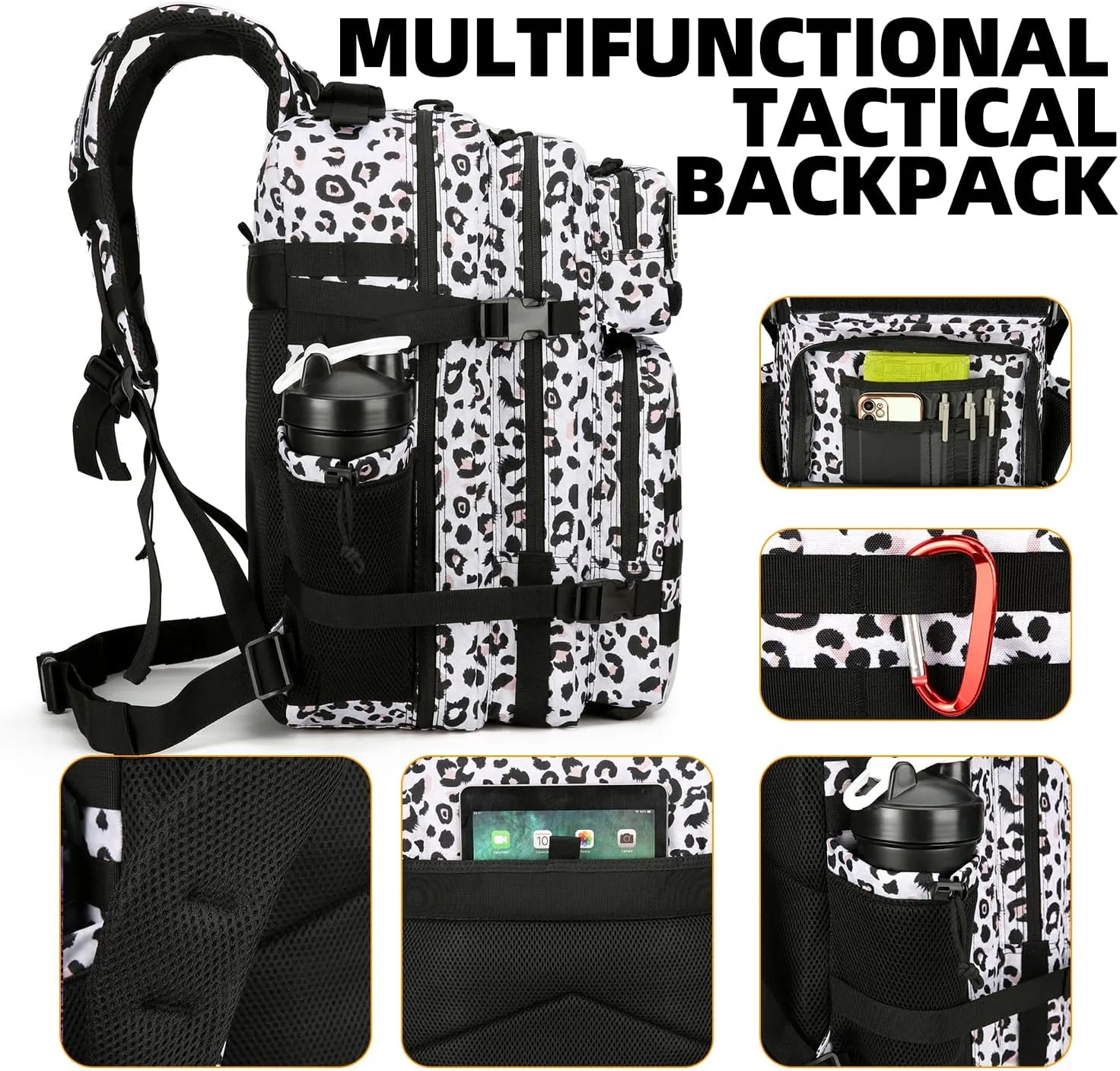 25L Tactical Backpack Military Tactical Backpack for Men and Women Small Assault Pack Outdoor Travel Hiking Camping Rucksack with Molle Webbing (White Leopard)