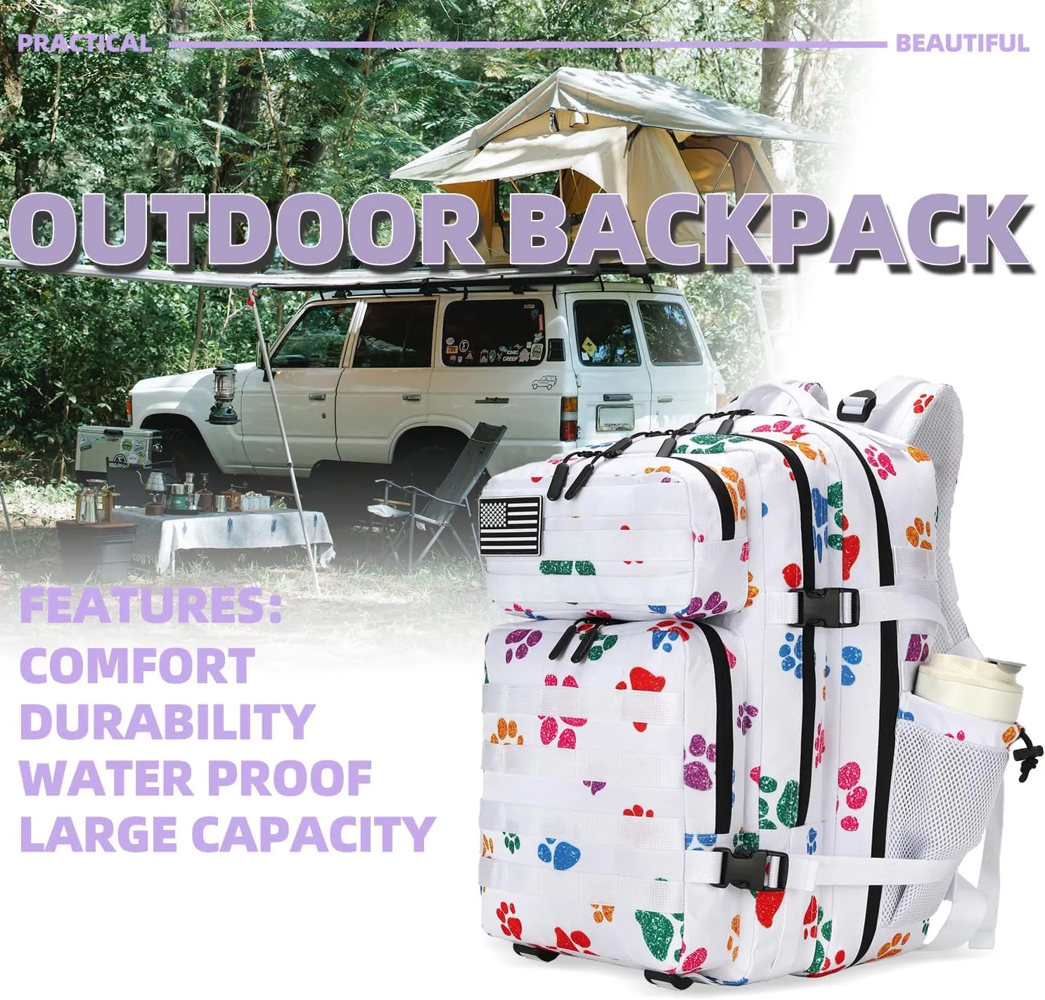 25L Tactical Military Backpack Small Travel Rucksack for Men and Women Assault Pack Bug Out Bag Molle Daypack Gym Backpack with Bottle Holder (Cat Paw)