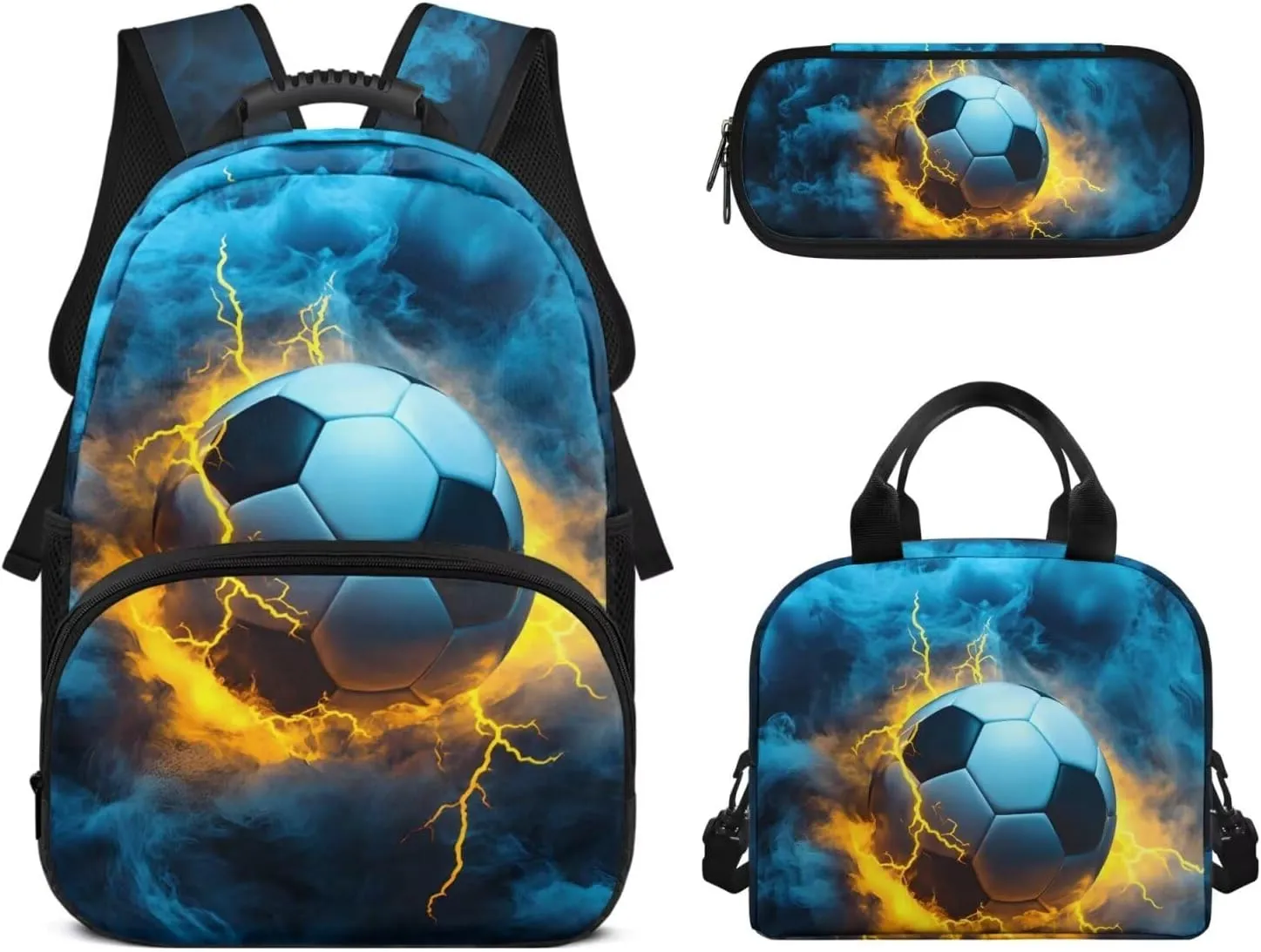 3 Pcs Backpack for Boys 17 Inch Blue Smoke Soccer Kids Bookbag Rucksack Knapsack with Lunch Box Pencil Case 3 In 1 Lightweight Large Capacity School Bag for Boys