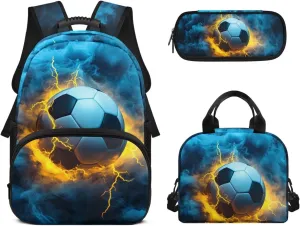 3 Pcs Backpack for Boys 17 Inch Blue Smoke Soccer Kids Bookbag Rucksack Knapsack with Lunch Box Pencil Case 3 In 1 Lightweight Large Capacity School Bag for Boys