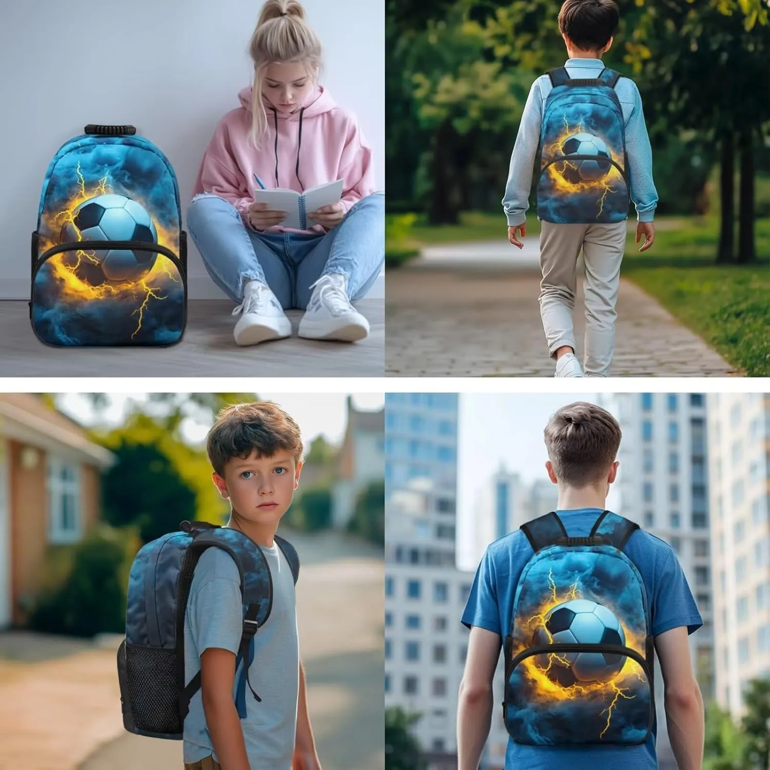 3 Pcs Backpack for Boys 17 Inch Blue Smoke Soccer Kids Bookbag Rucksack Knapsack with Lunch Box Pencil Case 3 In 1 Lightweight Large Capacity School Bag for Boys