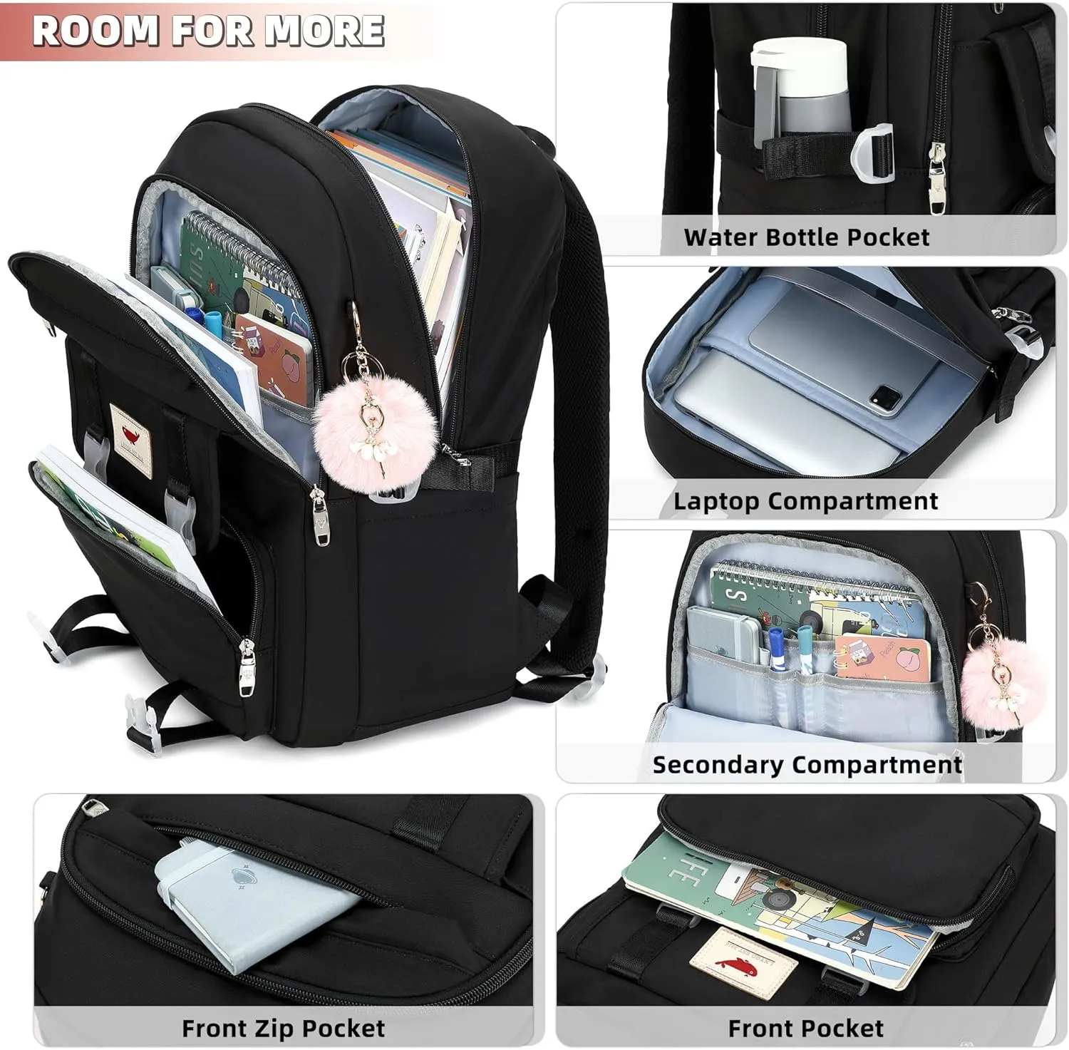 3 PCS Backpack for Teen Girls,Laptop Backpacks 15.6 Inch School Bag with Lunch Box Pencil Pouch Set for Students Aesthetic College Bookbag Travel Daypack(Black)