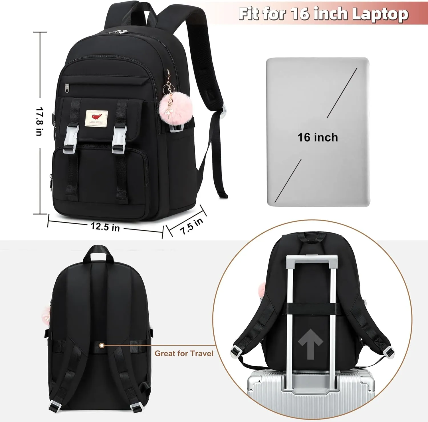3 PCS Backpack for Teen Girls,Laptop Backpacks 15.6 Inch School Bag with Lunch Box Pencil Pouch Set for Students Aesthetic College Bookbag Travel Daypack(Black)