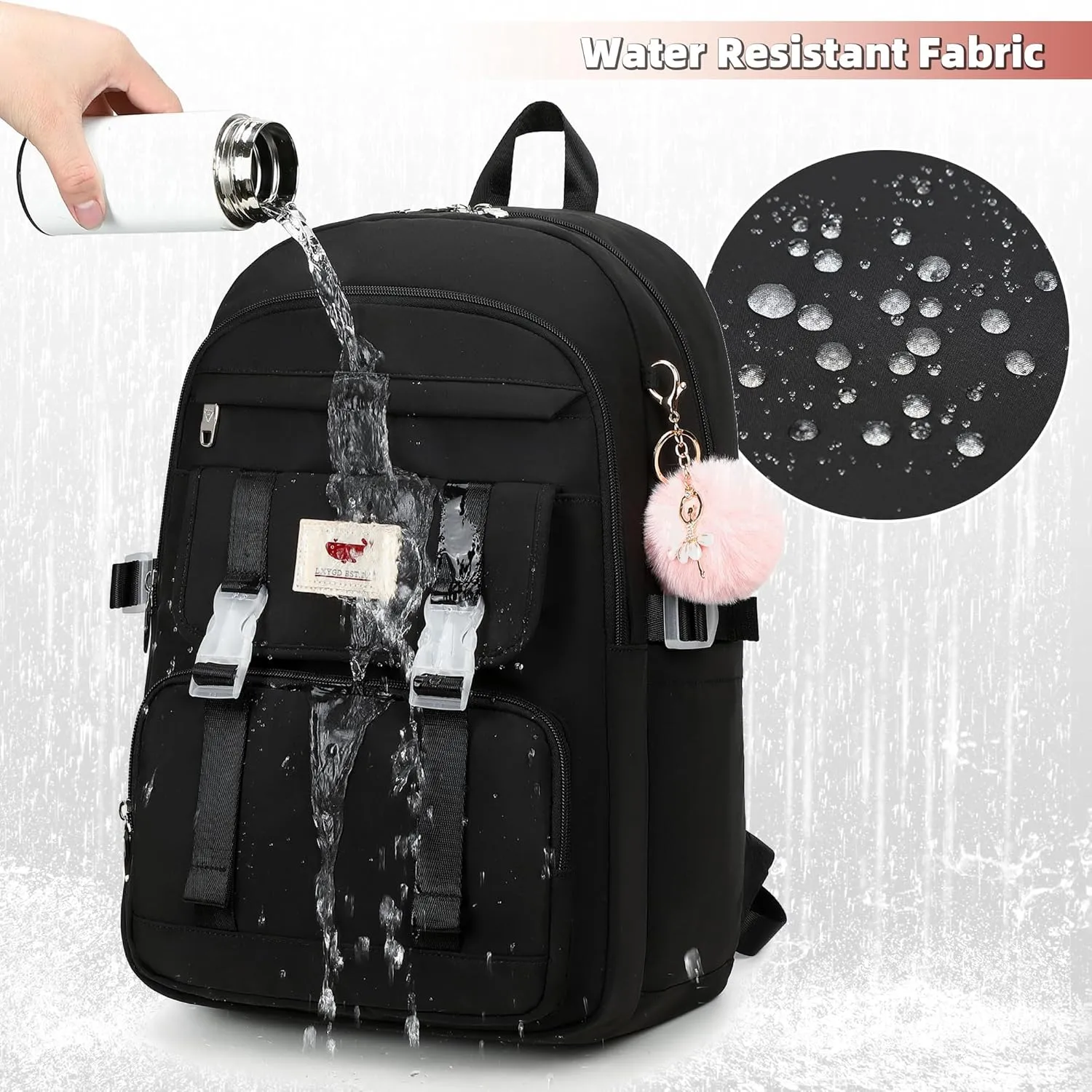 3 PCS Backpack for Teen Girls,Laptop Backpacks 15.6 Inch School Bag with Lunch Box Pencil Pouch Set for Students Aesthetic College Bookbag Travel Daypack(Black)