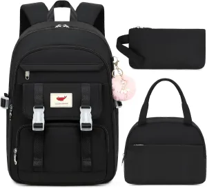3 PCS Backpack for Teen Girls,Laptop Backpacks 15.6 Inch School Bag with Lunch Box Pencil Pouch Set for Students Aesthetic College Bookbag Travel Daypack(Black)