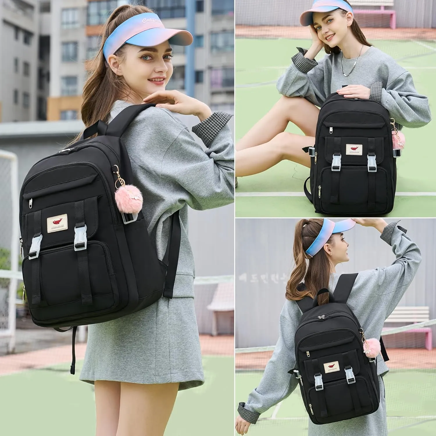 3 PCS Backpack for Teen Girls,Laptop Backpacks 15.6 Inch School Bag with Lunch Box Pencil Pouch Set for Students Aesthetic College Bookbag Travel Daypack(Black)