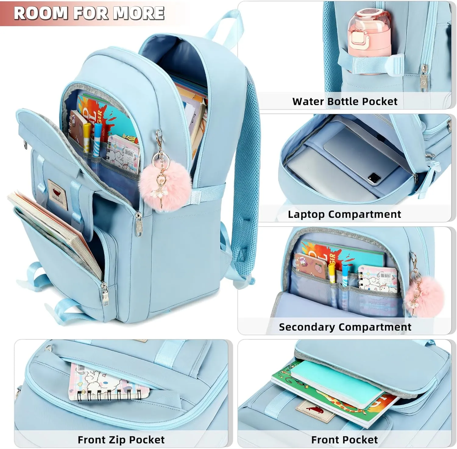 3 PCS Backpack for Teen Girls,Laptop Backpacks 15.6 Inch School Bag with Lunch Box Pencil Pouch Set for Students Aesthetic College Bookbag Travel Daypack(Blue)