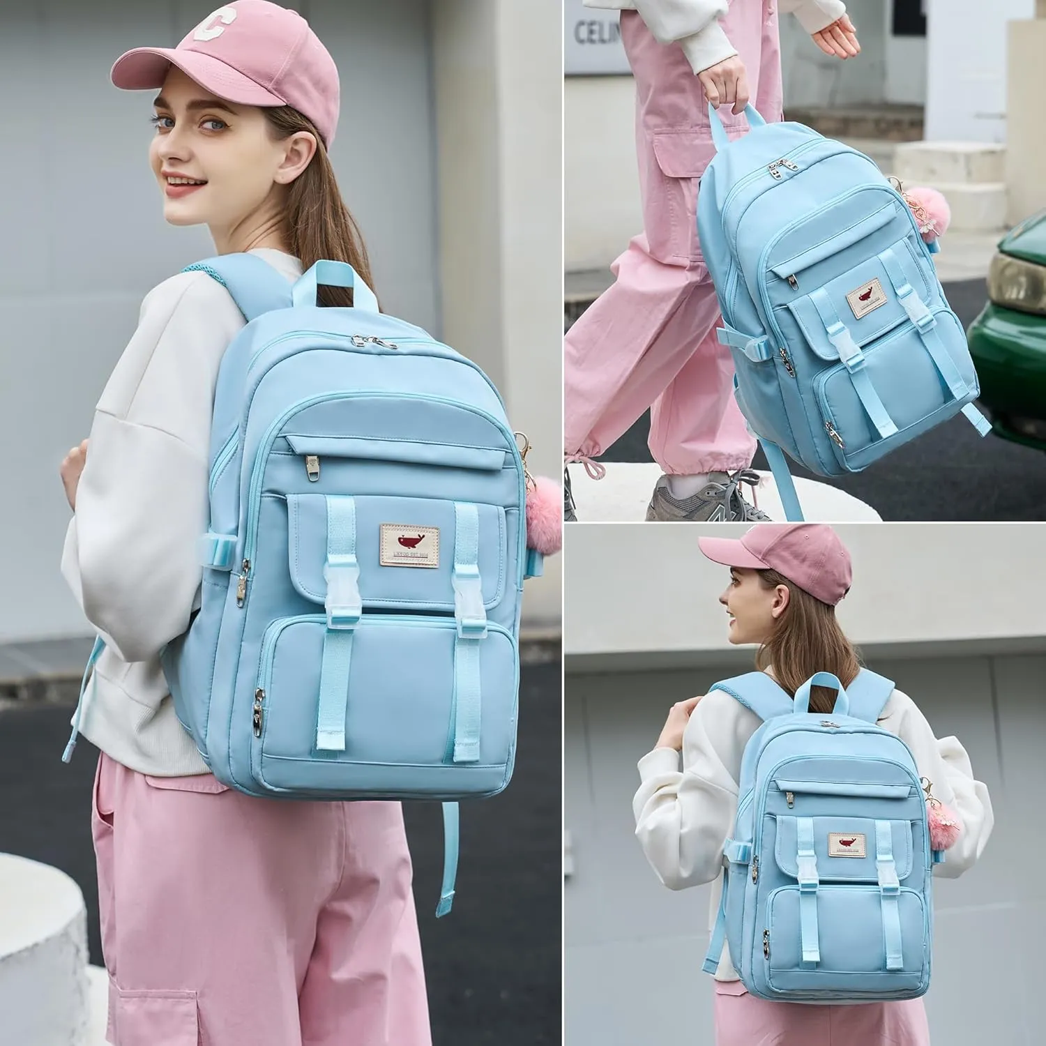 3 PCS Backpack for Teen Girls,Laptop Backpacks 15.6 Inch School Bag with Lunch Box Pencil Pouch Set for Students Aesthetic College Bookbag Travel Daypack(Blue)