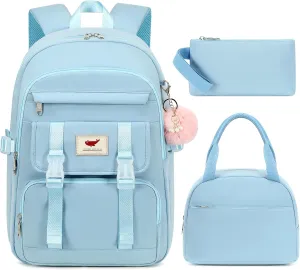 3 PCS Backpack for Teen Girls,Laptop Backpacks 15.6 Inch School Bag with Lunch Box Pencil Pouch Set for Students Aesthetic College Bookbag Travel Daypack(Blue)