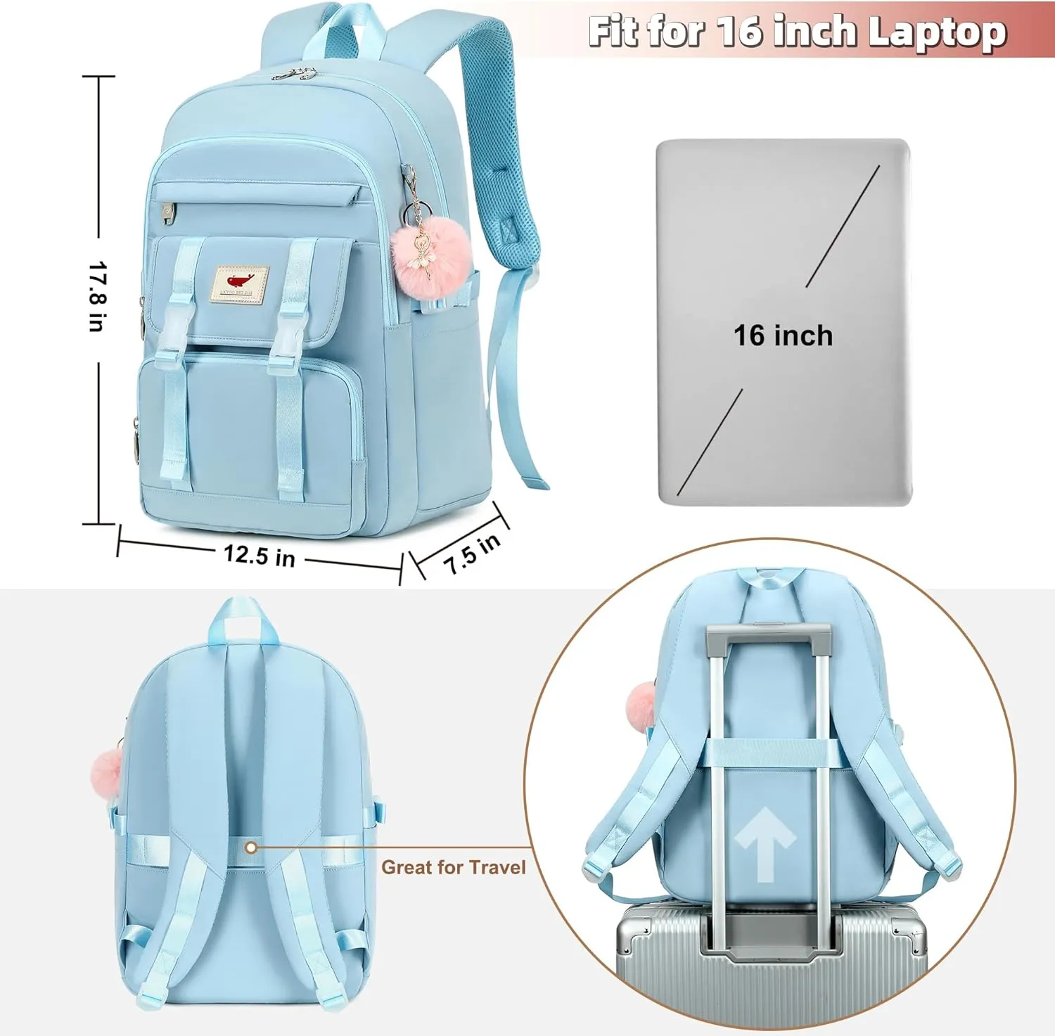 3 PCS Backpack for Teen Girls,Laptop Backpacks 15.6 Inch School Bag with Lunch Box Pencil Pouch Set for Students Aesthetic College Bookbag Travel Daypack(Blue)