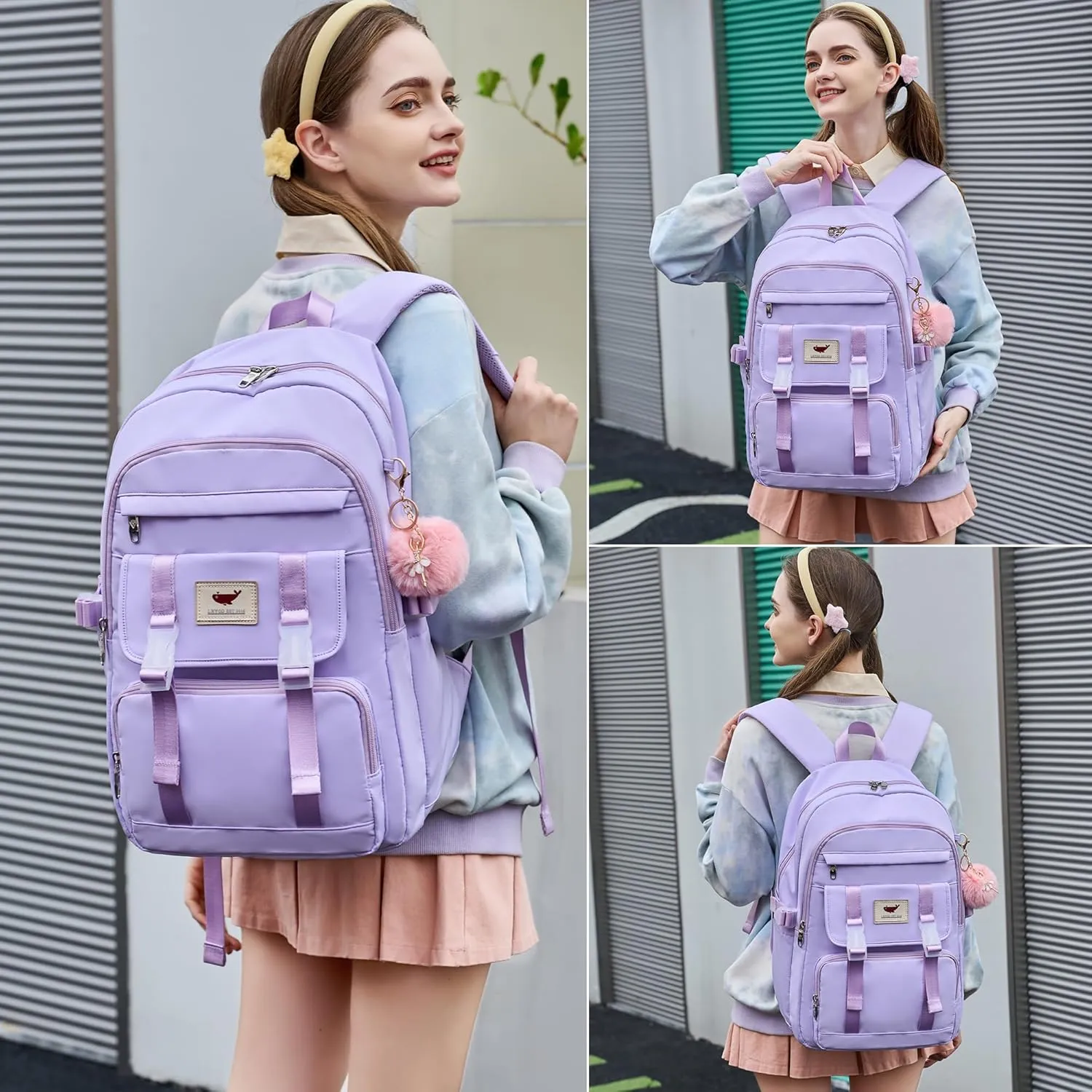 3 PCS Backpack for Teen Girls,Laptop Backpacks 15.6 Inch School Bag with Lunch Box Pencil Pouch Set for Students Aesthetic College Bookbag Travel Daypack(Purple)