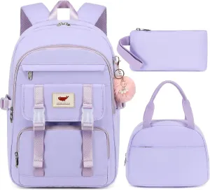 3 PCS Backpack for Teen Girls,Laptop Backpacks 15.6 Inch School Bag with Lunch Box Pencil Pouch Set for Students Aesthetic College Bookbag Travel Daypack(Purple)
